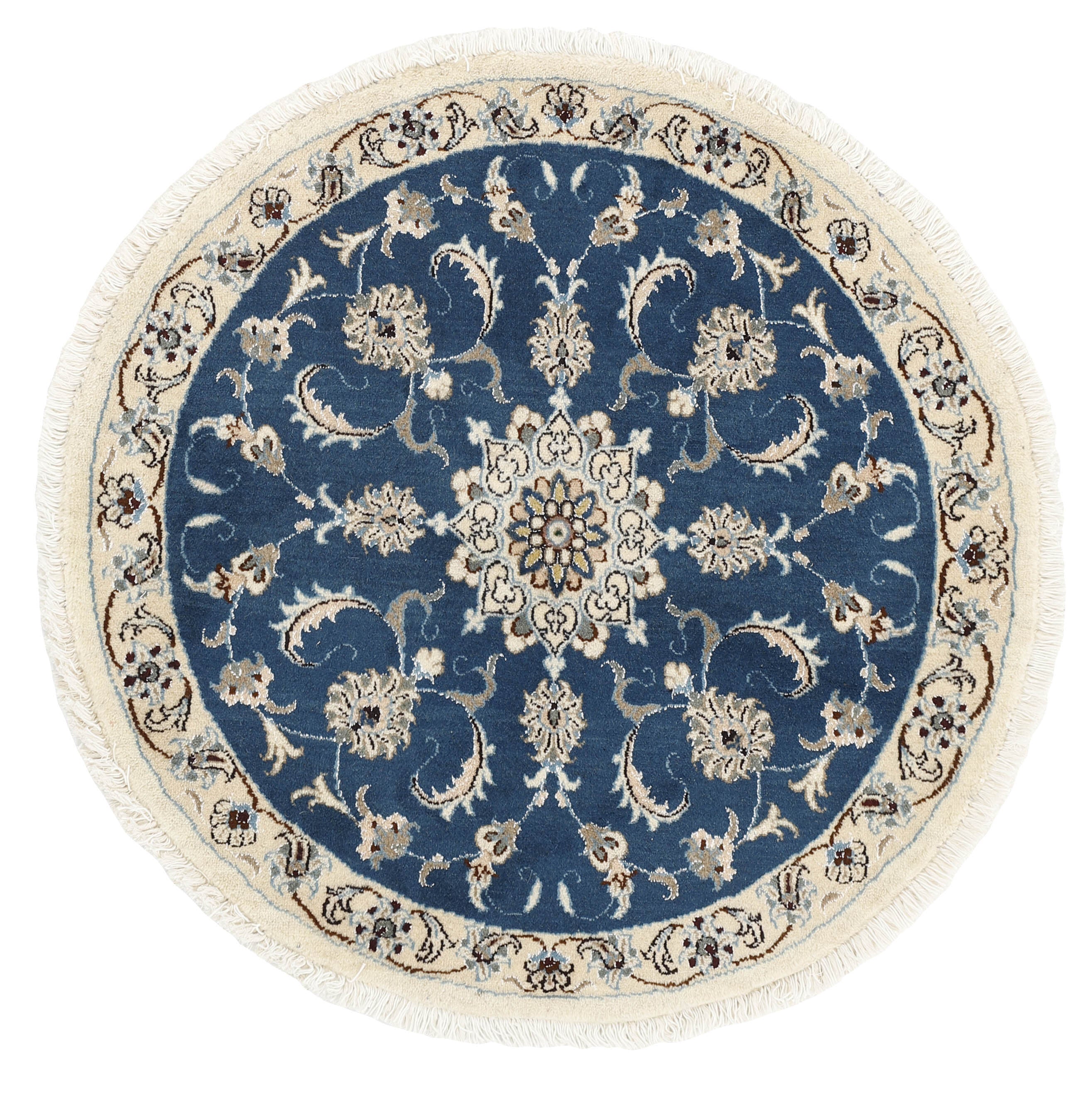 Authentic persian circle rug with a traditional floral design in cream and blue