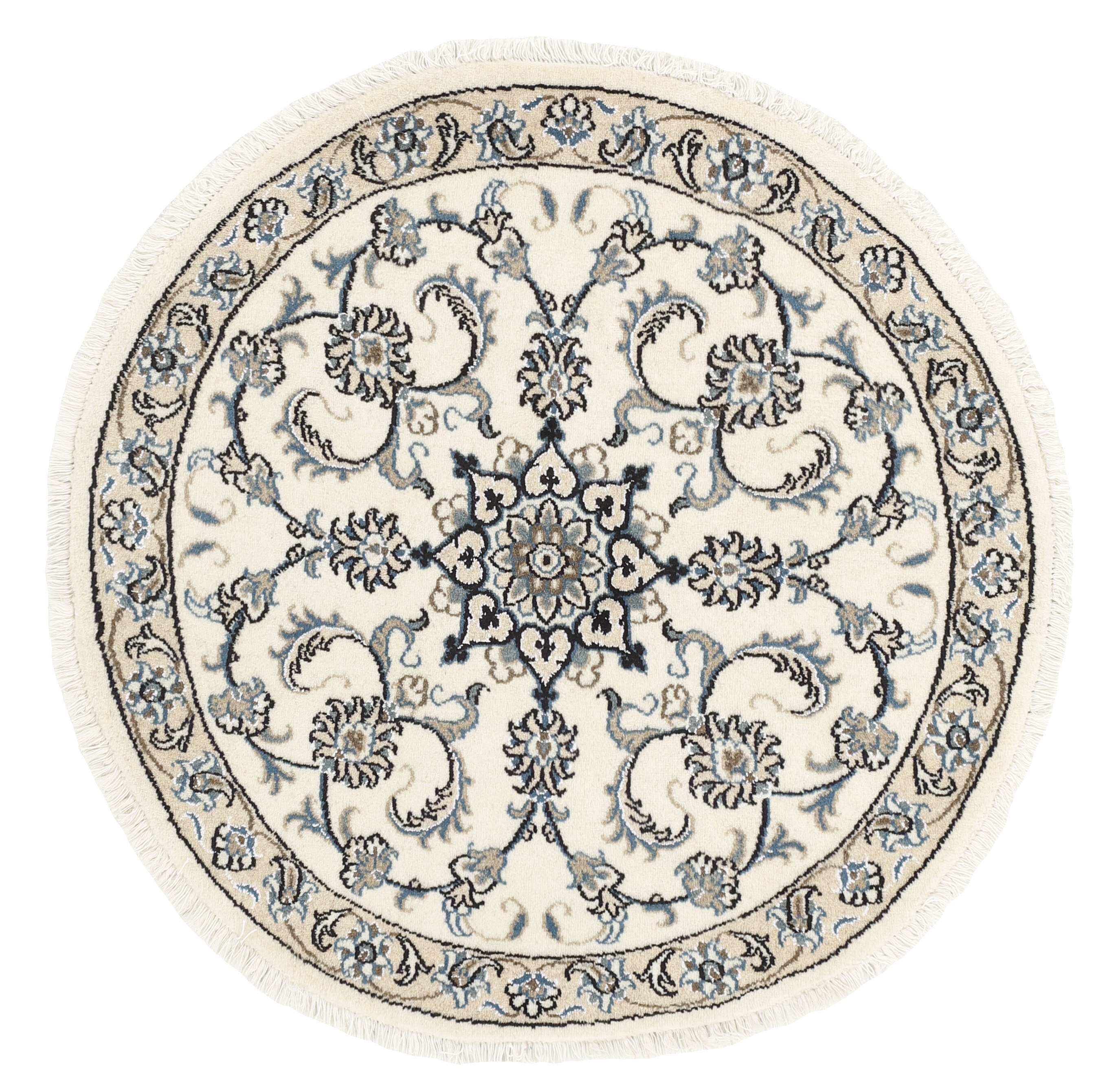 Authentic persian circle rug with a traditional floral design in cream and blue