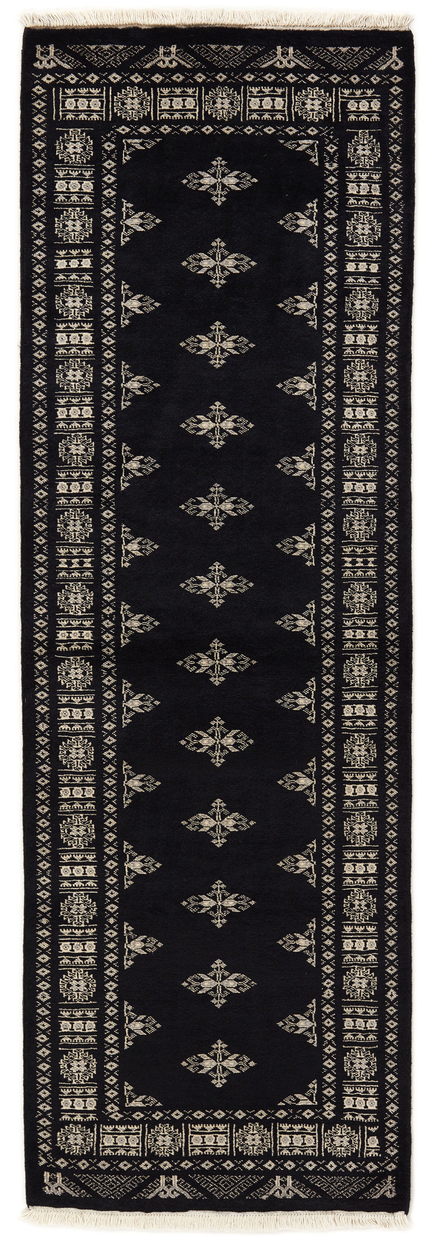 Black Oriental runner with traditional bordered pattern