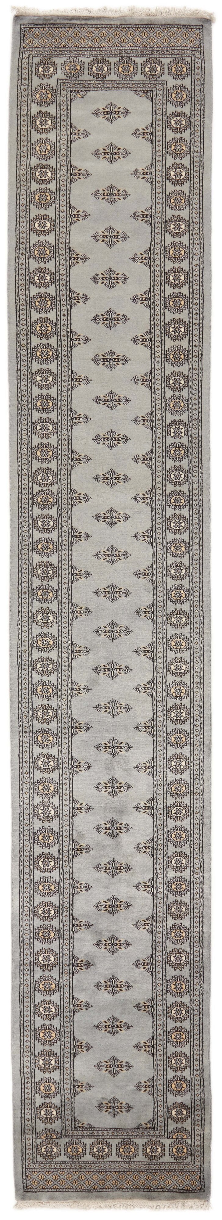 Grey Oriental runner with traditional bordered pattern