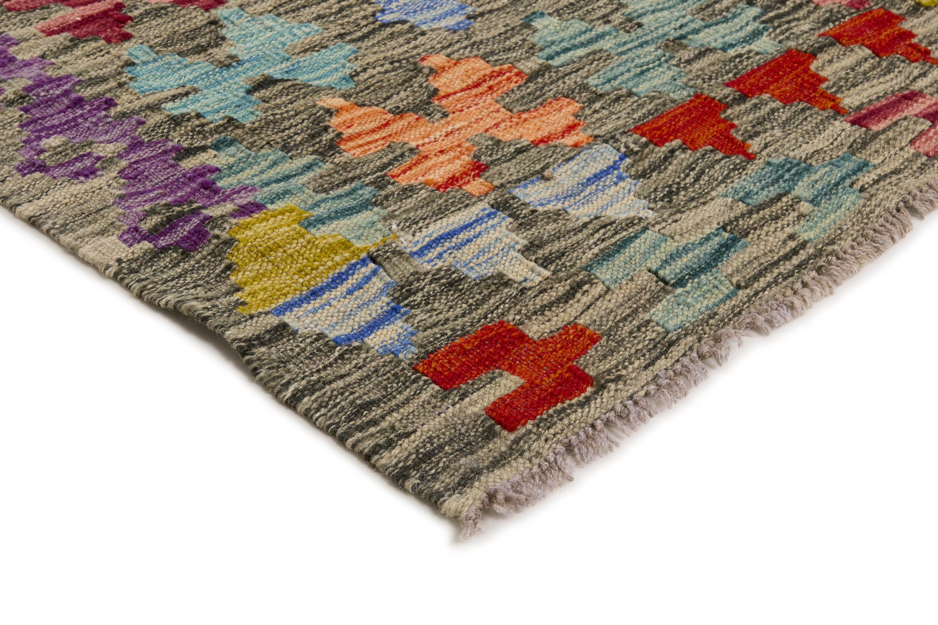 Authentic Afghan Kelim flatweave rug with traditional multicolour pattern.

