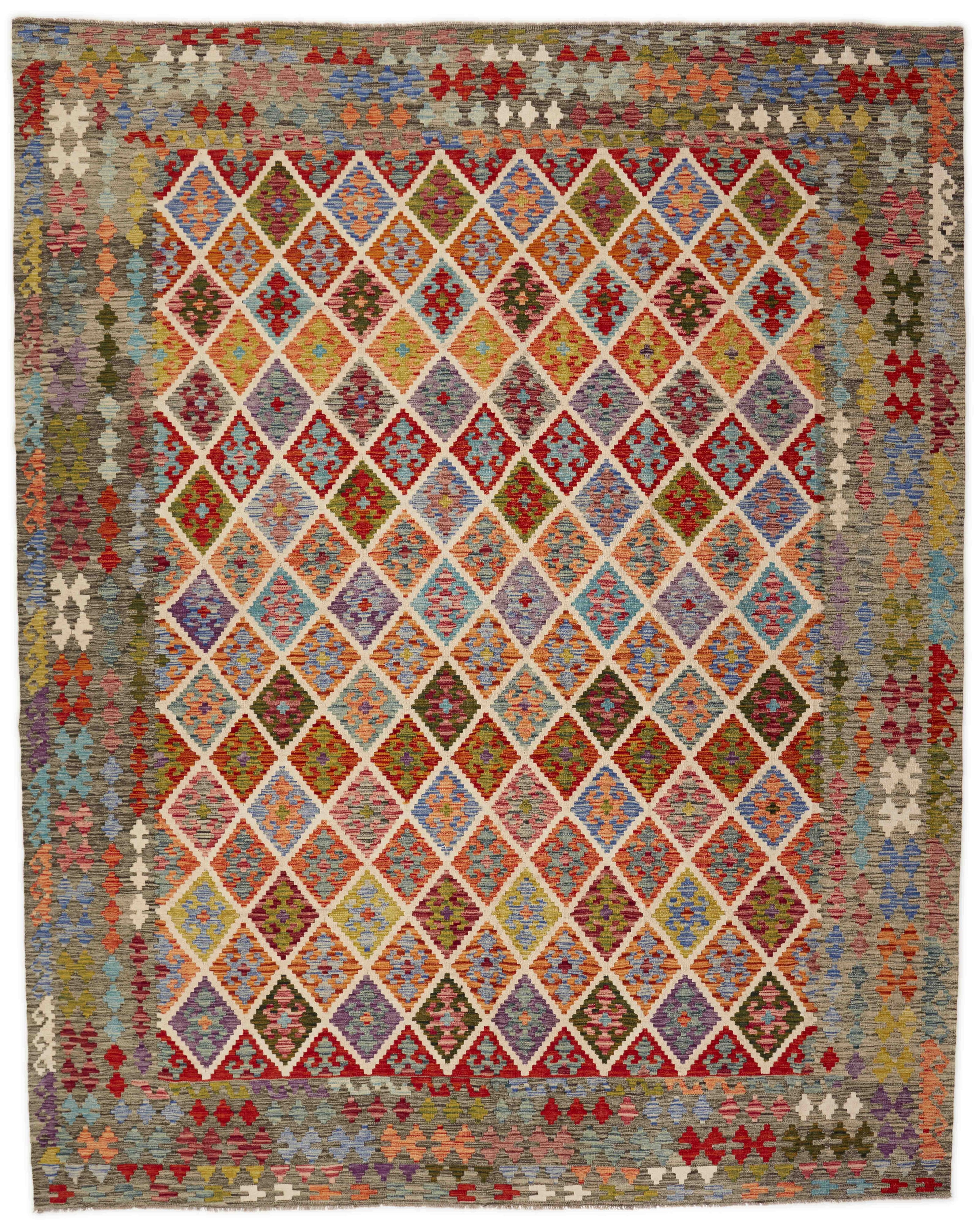 Authentic Afghan Kelim flatweave rug with traditional multicolour pattern.

