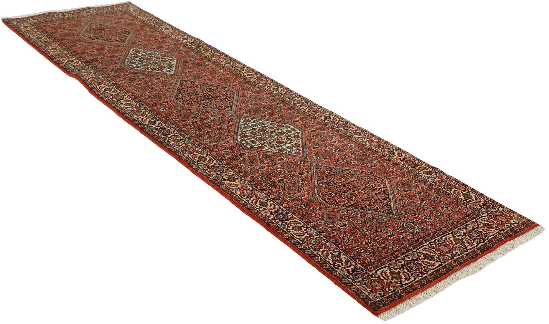 Red and cream persian runner with traditional floral design
