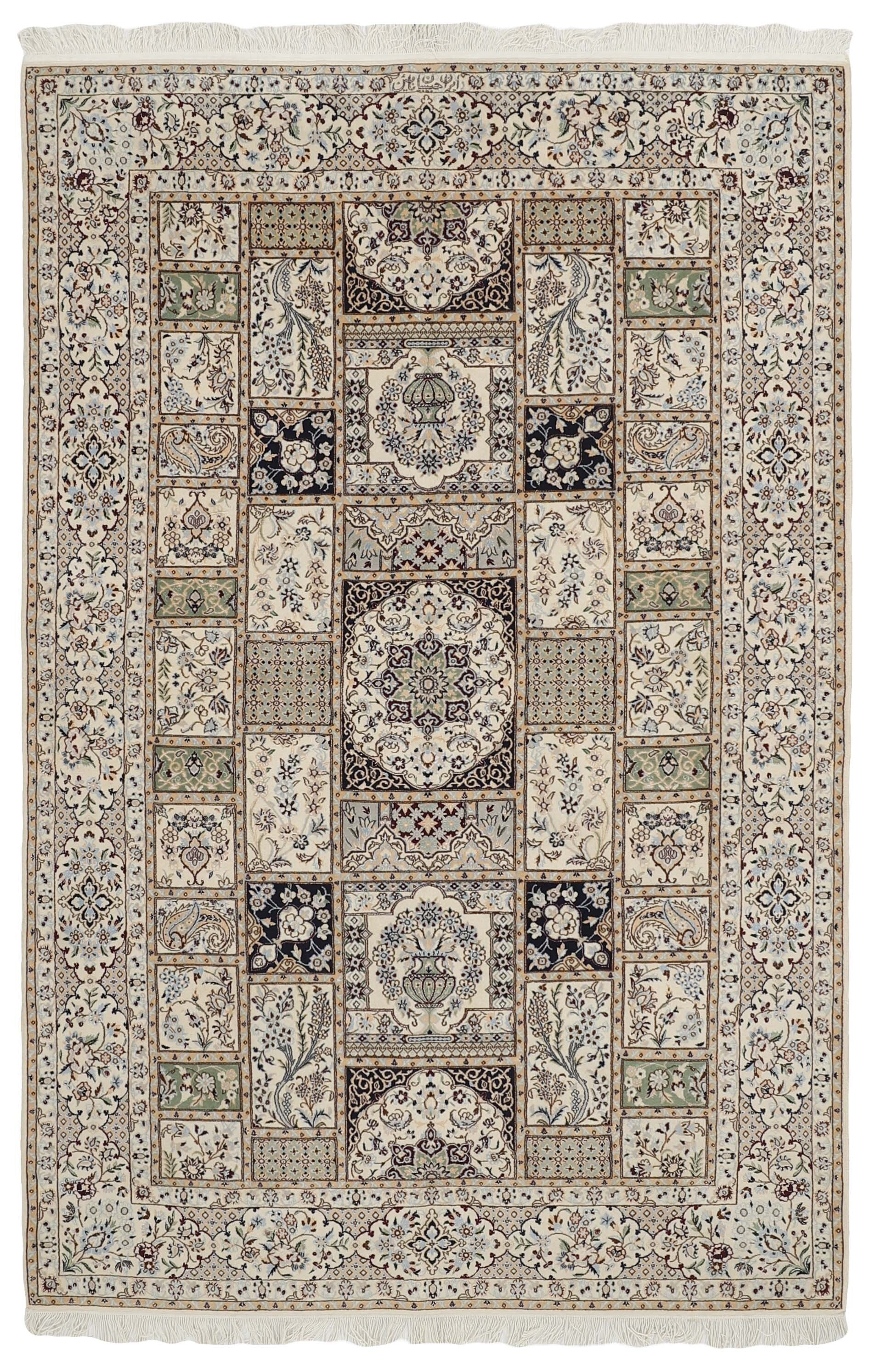 Authentic oriental rug with traditional floral design in cream, red, blue and beige