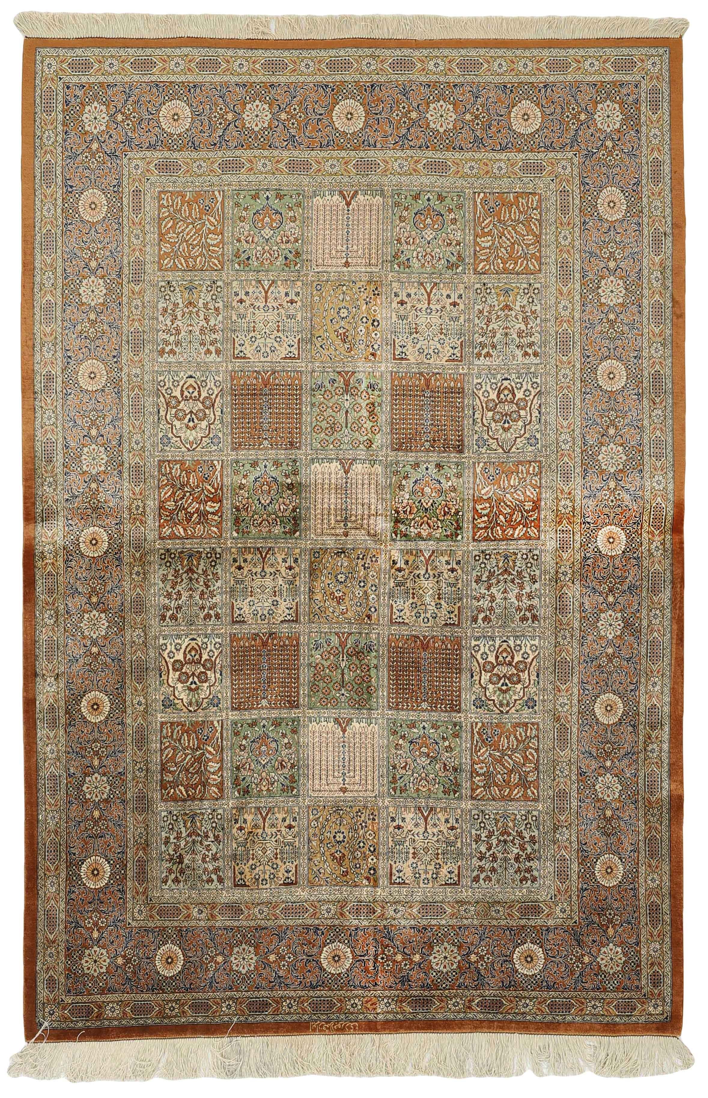 Authentic persian rug with a traditional floral design in red, pink, yellow, blue, green, beige, brown and black