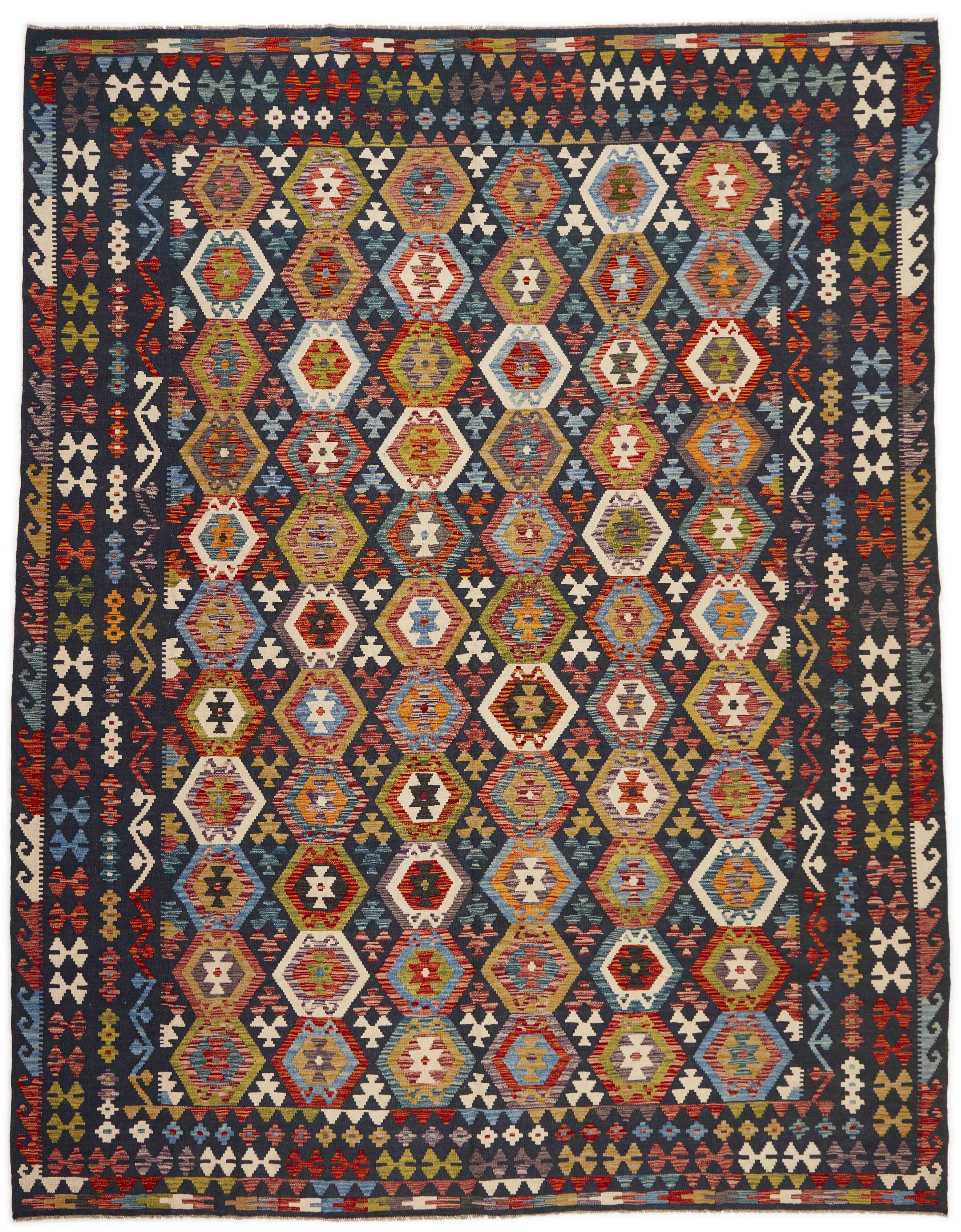 Authentic Persian Kilim flatweave rug with traditional multicolour pattern