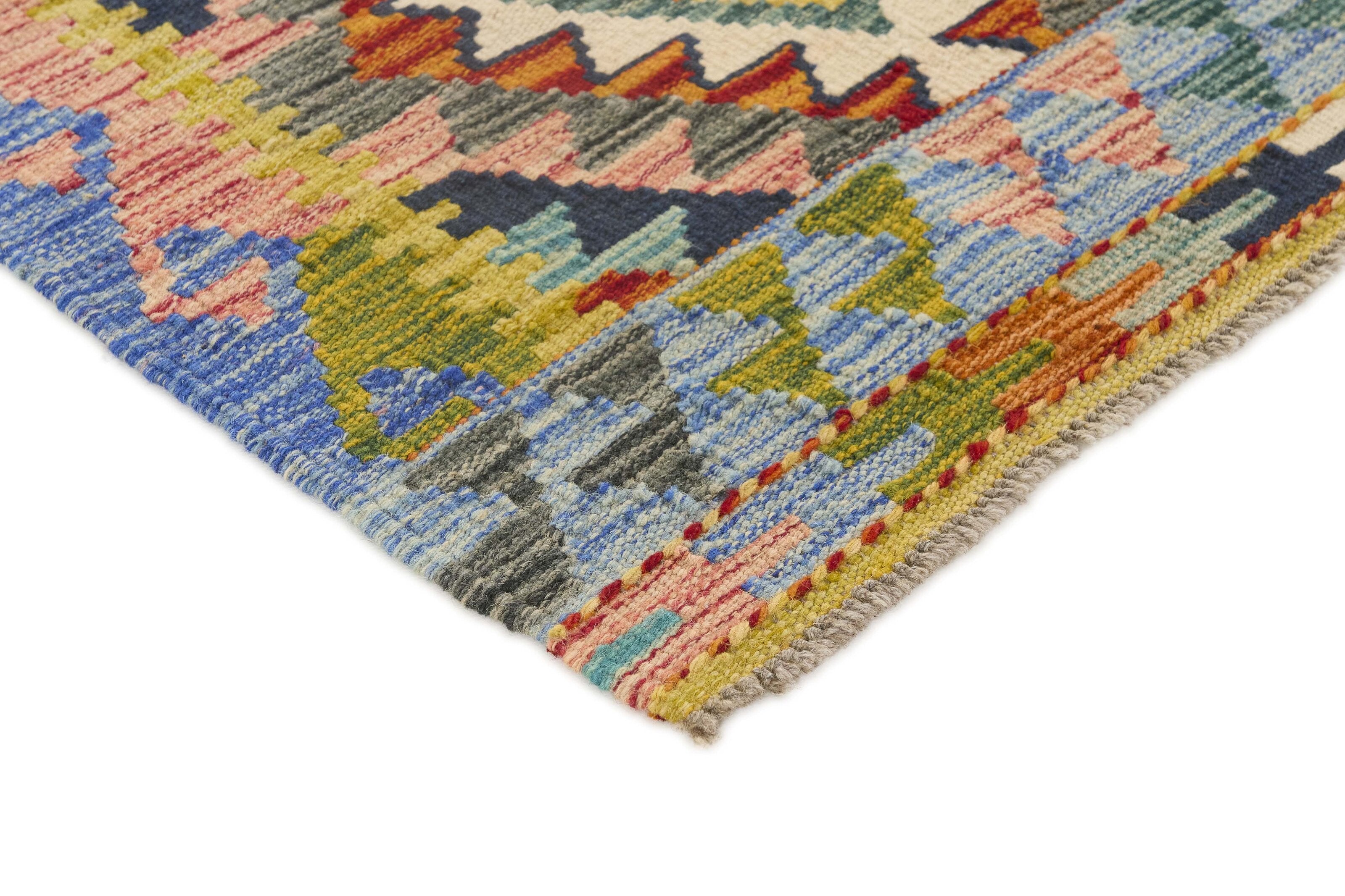 Authentic Afghan Kelim flatweave rug with traditional multicolour pattern.

