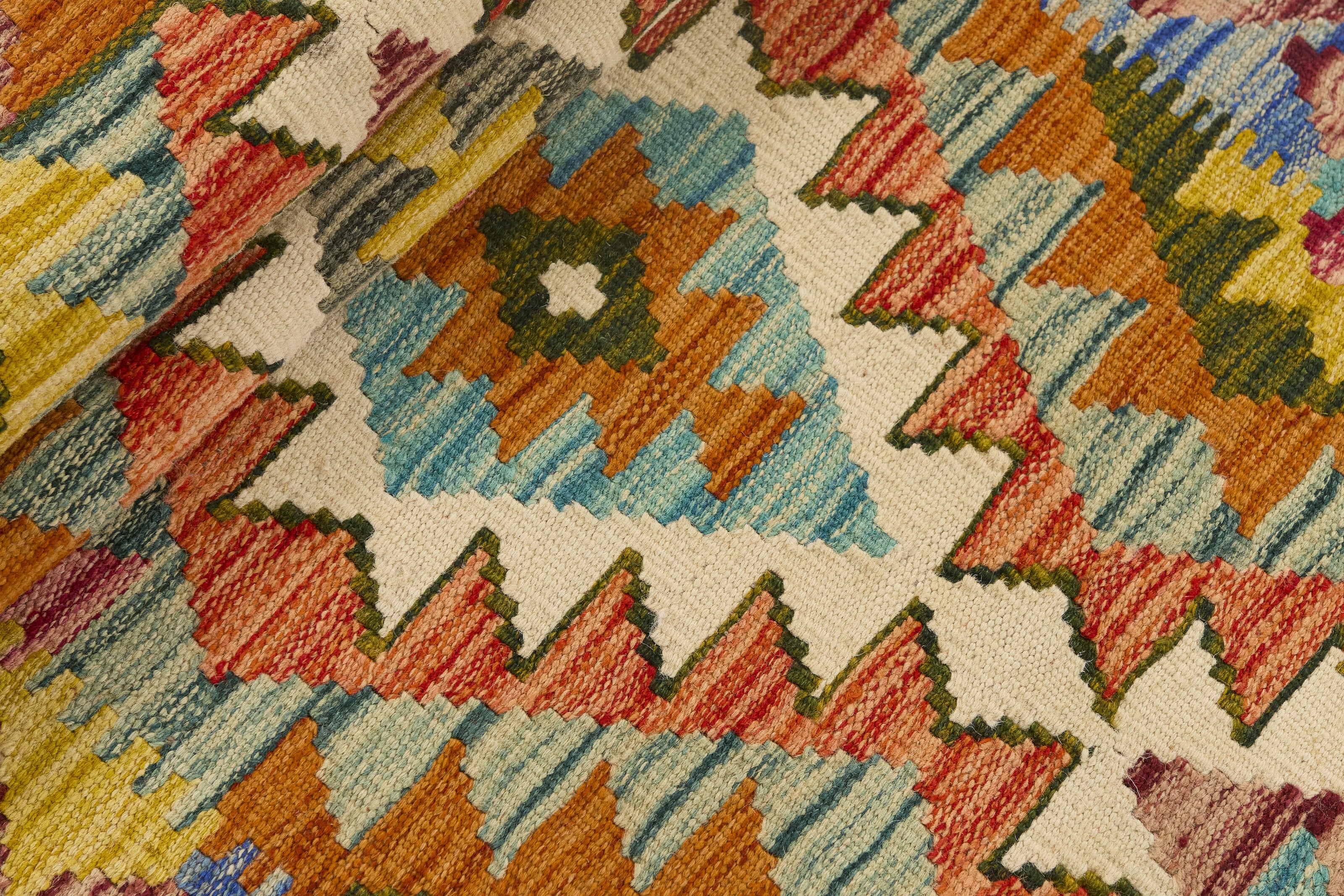 Authentic Afghan Kelim flatweave rug with traditional multicolour pattern.

