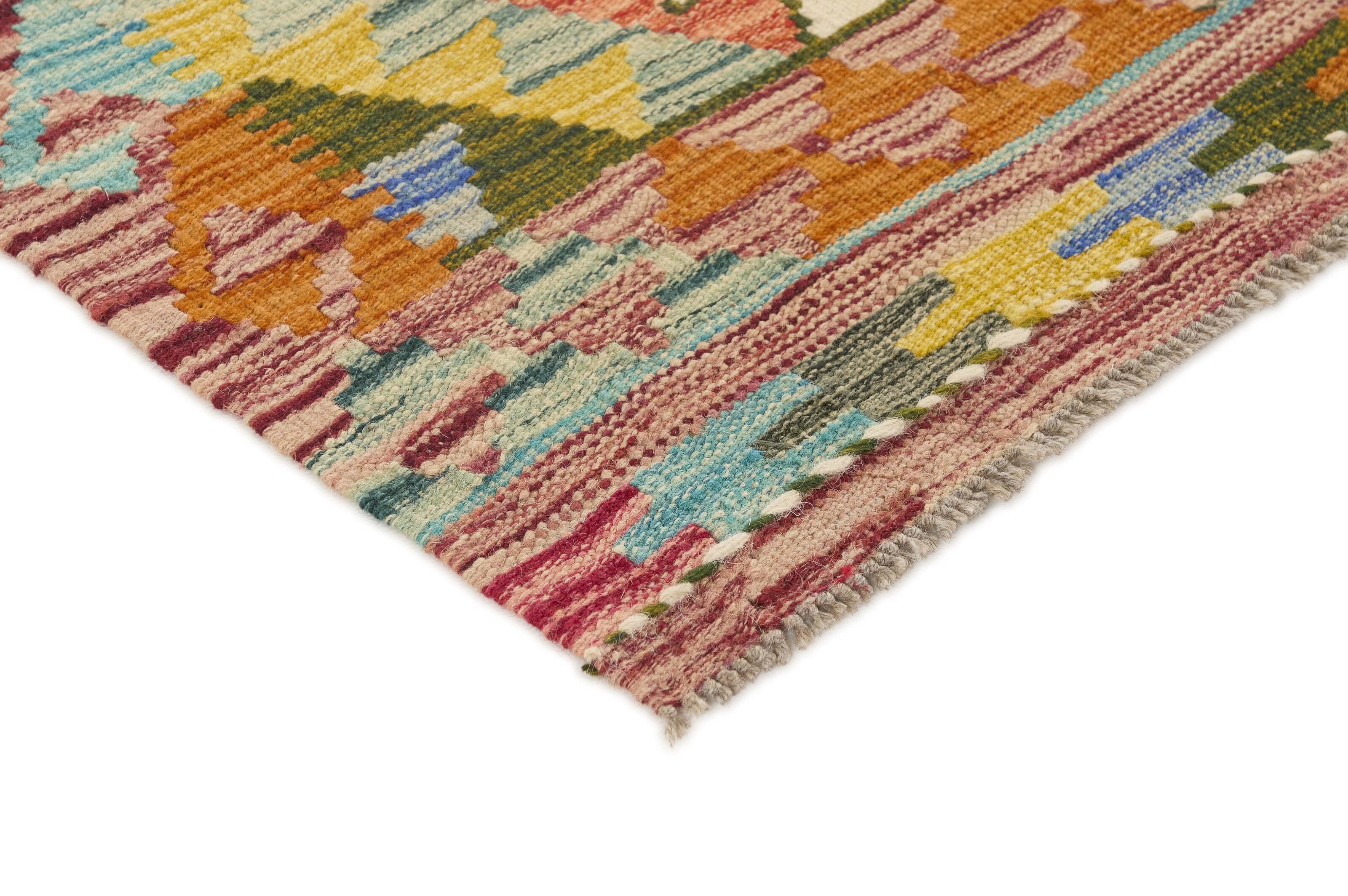 Authentic Afghan Kelim flatweave rug with traditional multicolour pattern.

