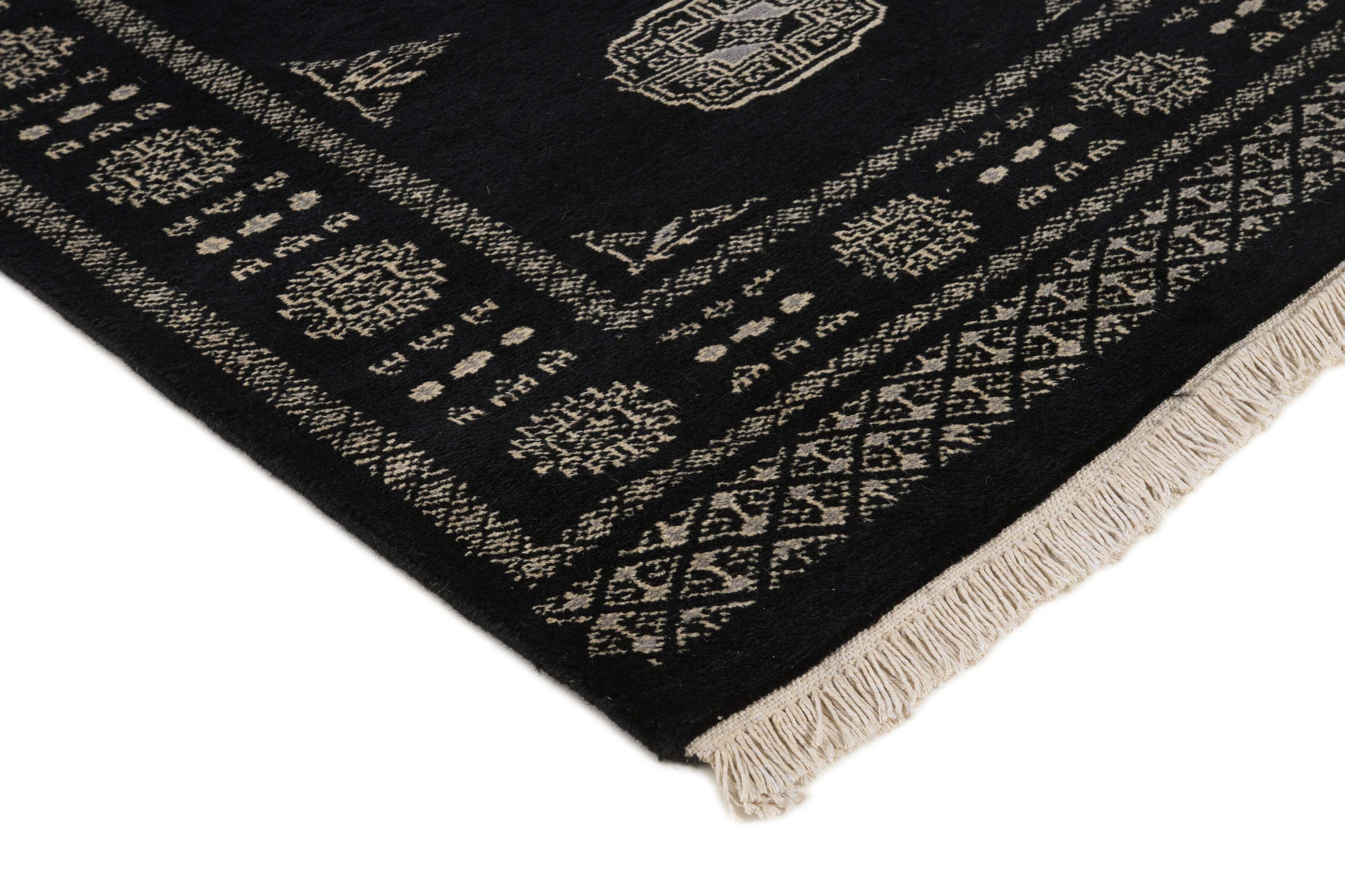 Black Oriental Bokhara 2 ply runner rug with bordered pattern