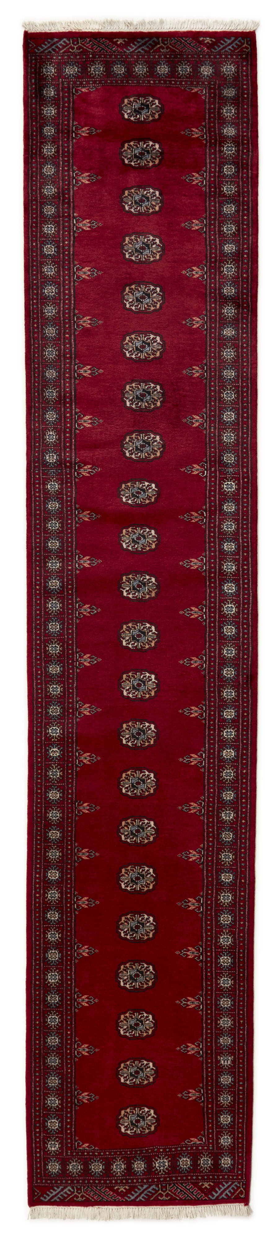 Red Oriental runner with traditional bordered pattern