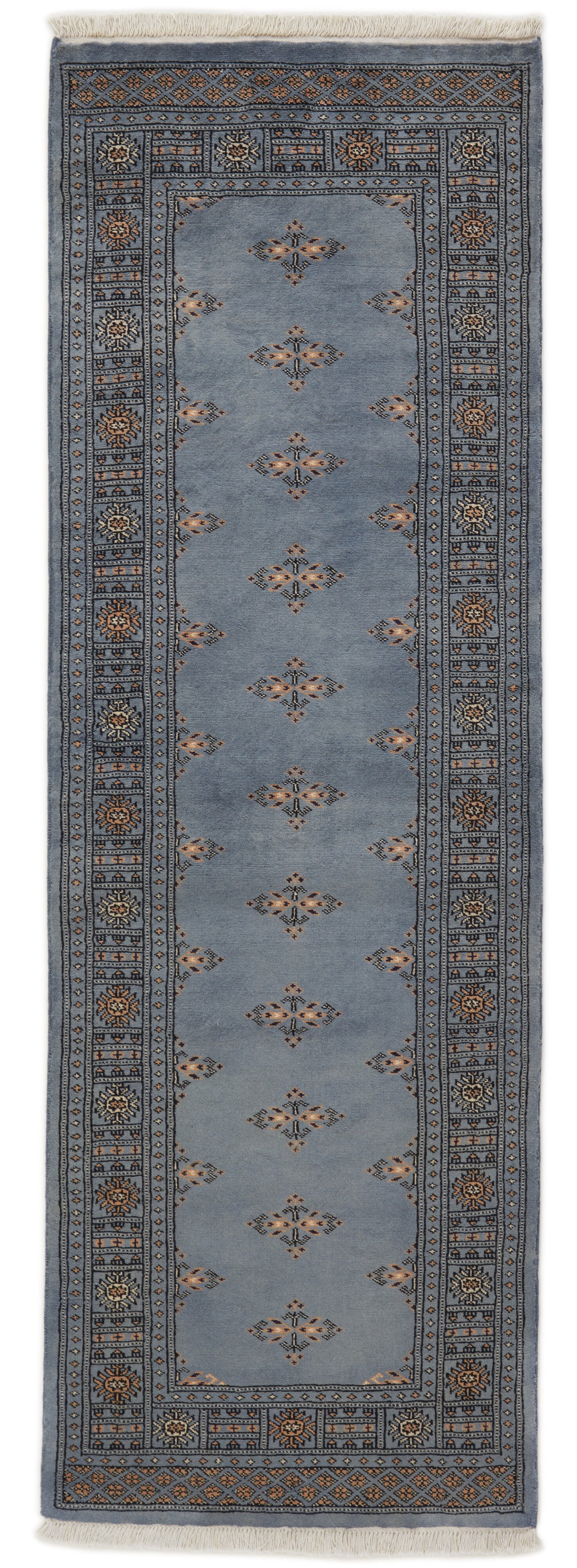 Blue Oriental runner with traditional bordered pattern