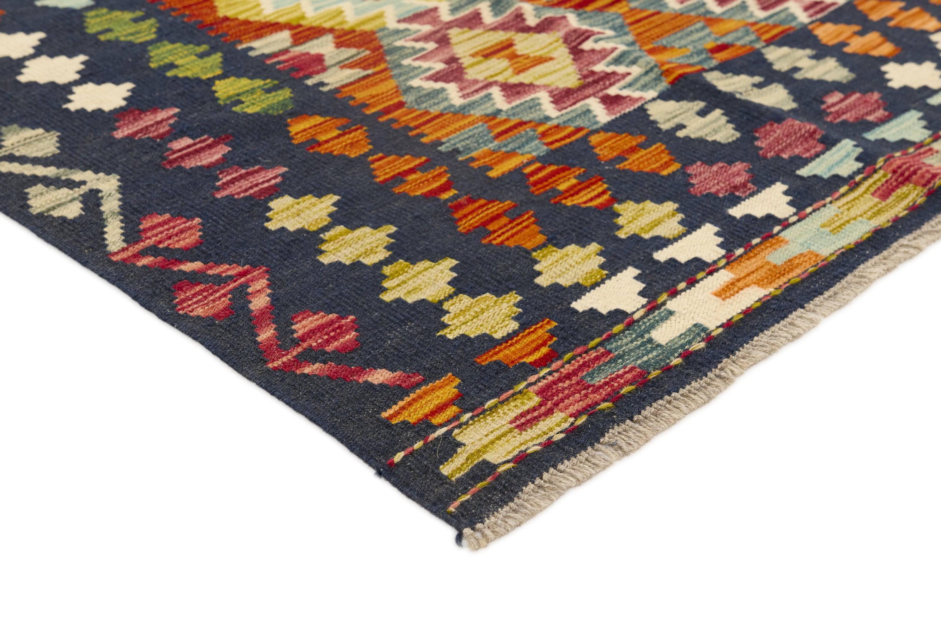 Authentic Afghan Kelim flatweave rug with traditional multicolour pattern.

