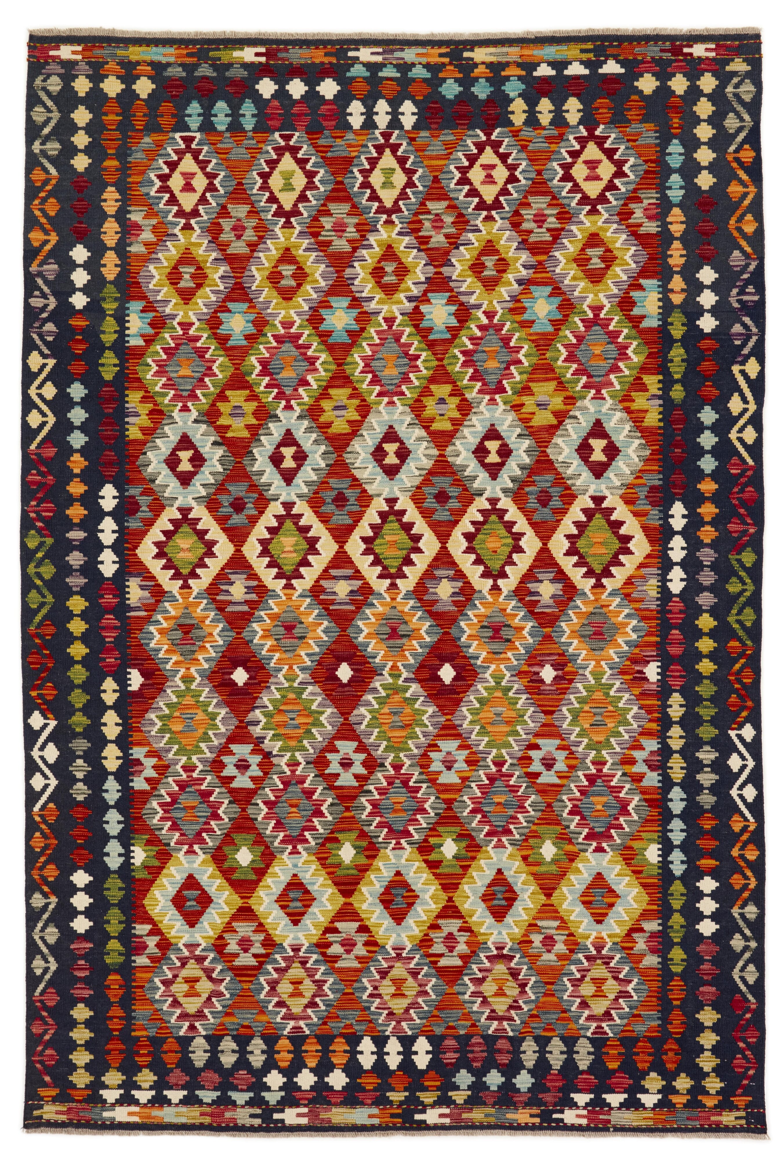 Authentic Afghan Kelim flatweave rug with traditional multicolour pattern.

