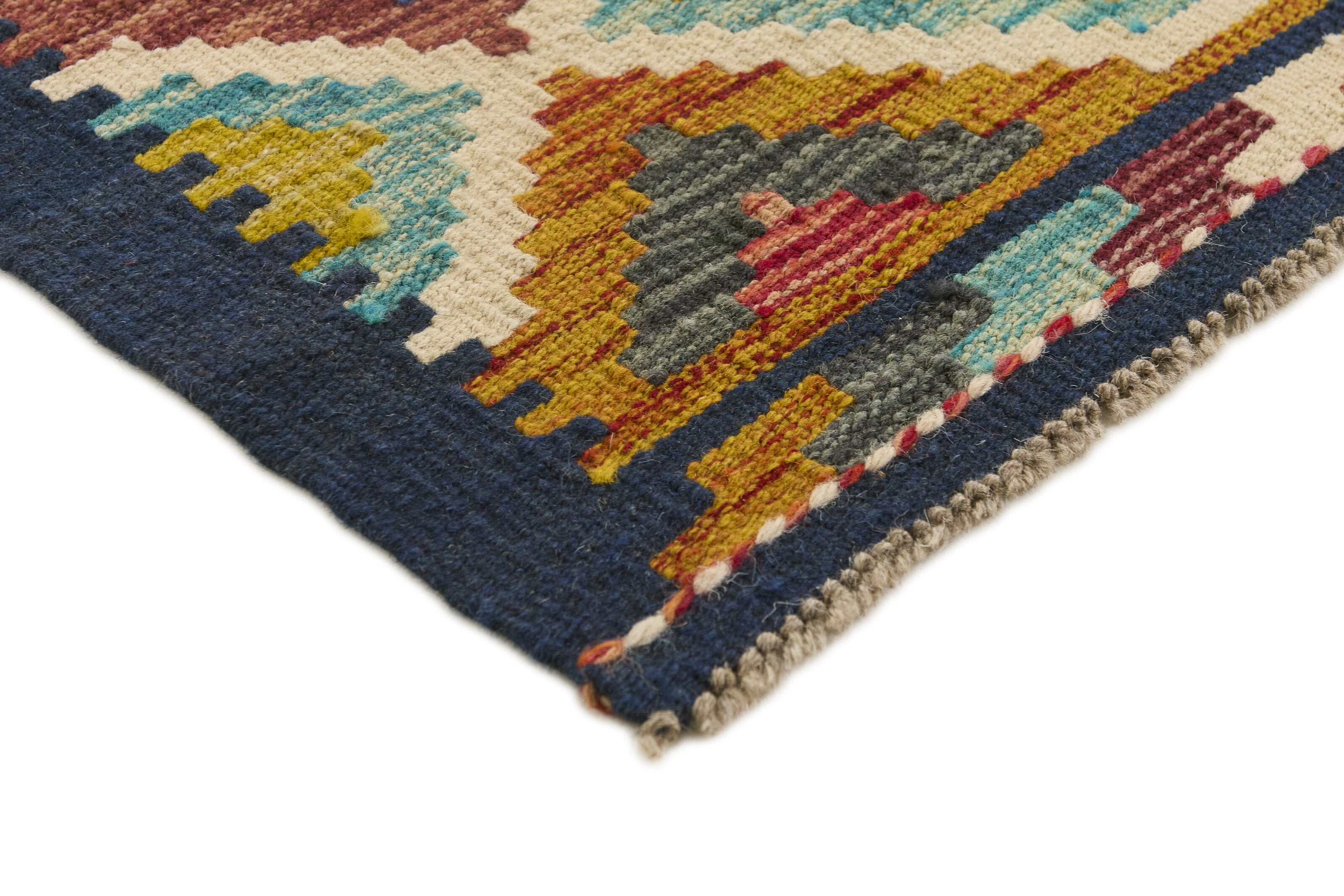 Authentic Afghan Kelim flatweave rug with traditional multicolour pattern.

