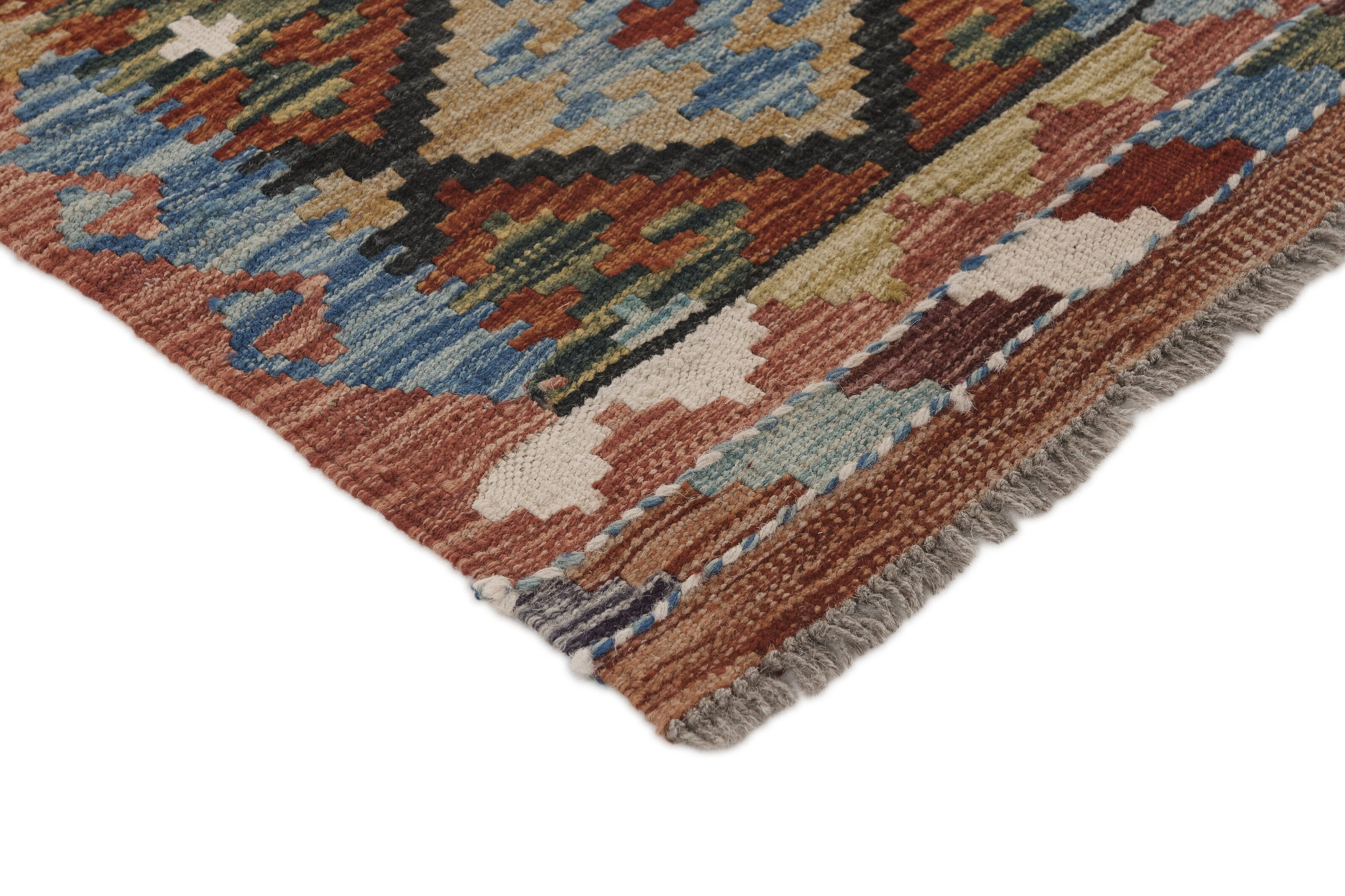 Authentic Afghan Kelim flatweave rug with traditional multicolour pattern.

