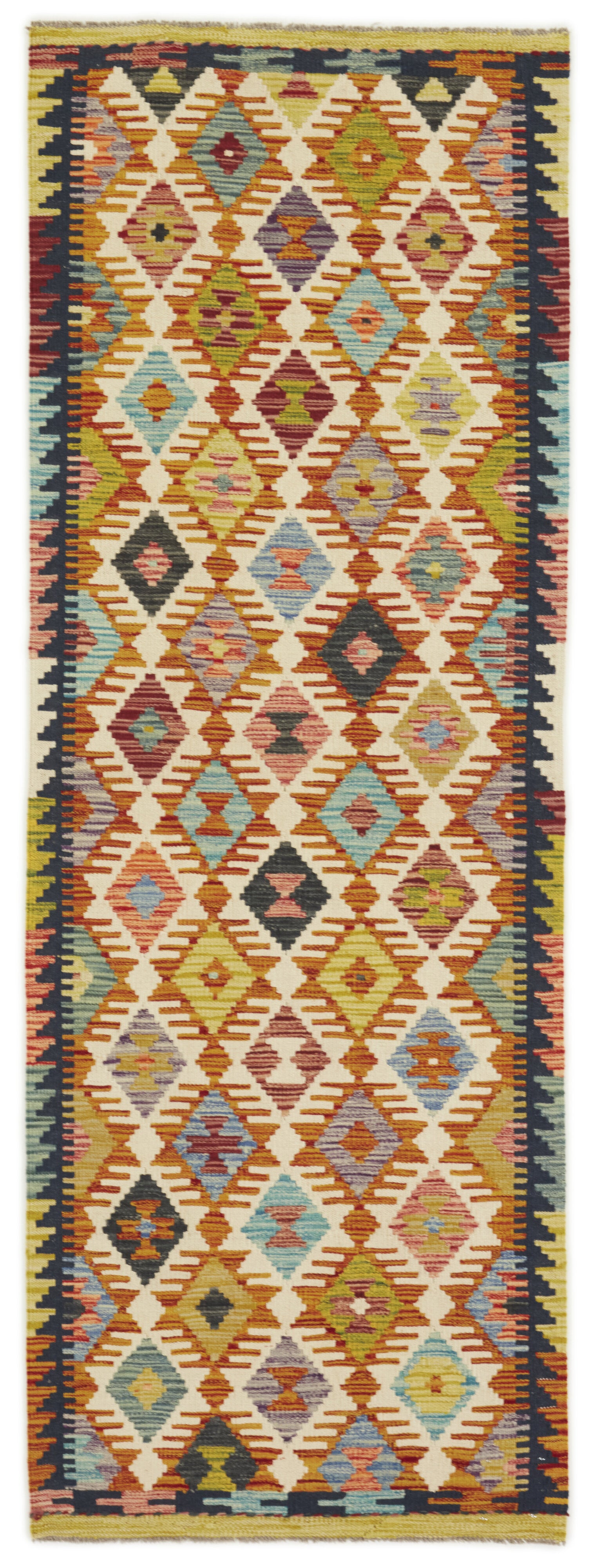 Authentic Afghan Kelim flatweave rug with traditional multicolour pattern.

