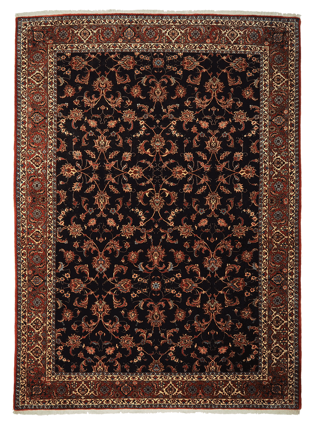 Red and black persian rug with traditional floral design
