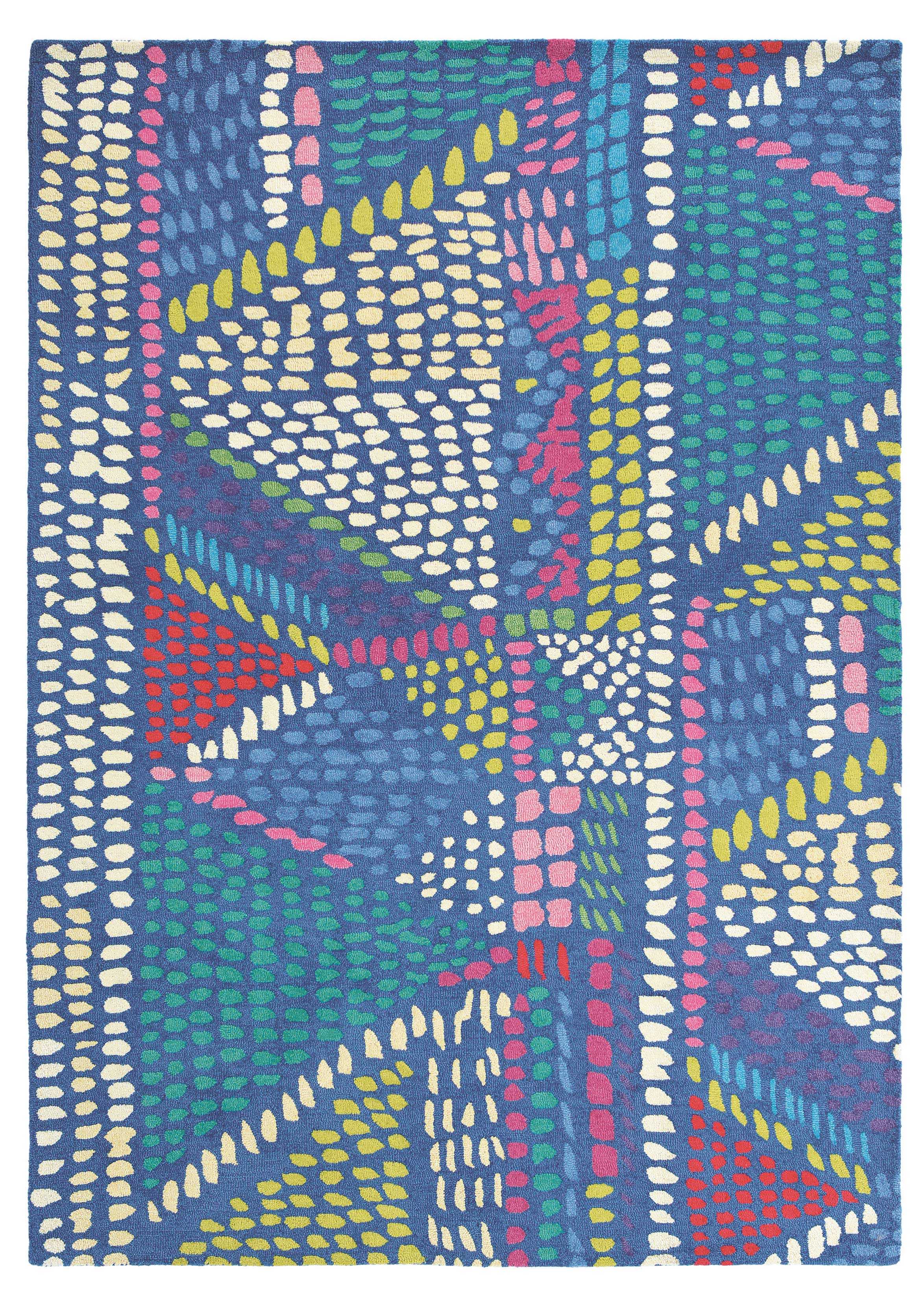 Rectangular blue wool rug with abstract geometric dot design in pink, yellow, blue and ivory