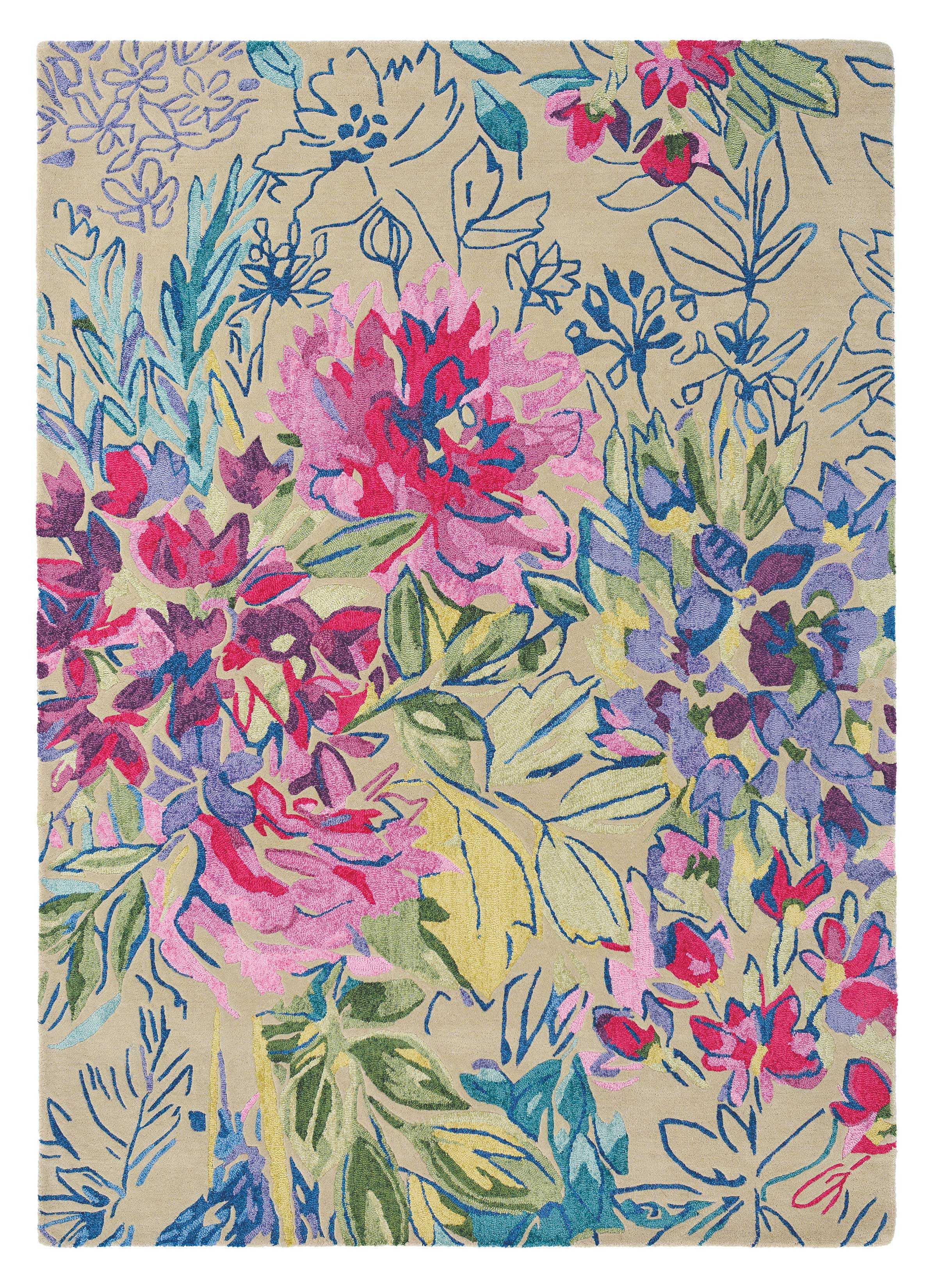 Rectangular beige wool rug with abstract floral design in pink, green and blue