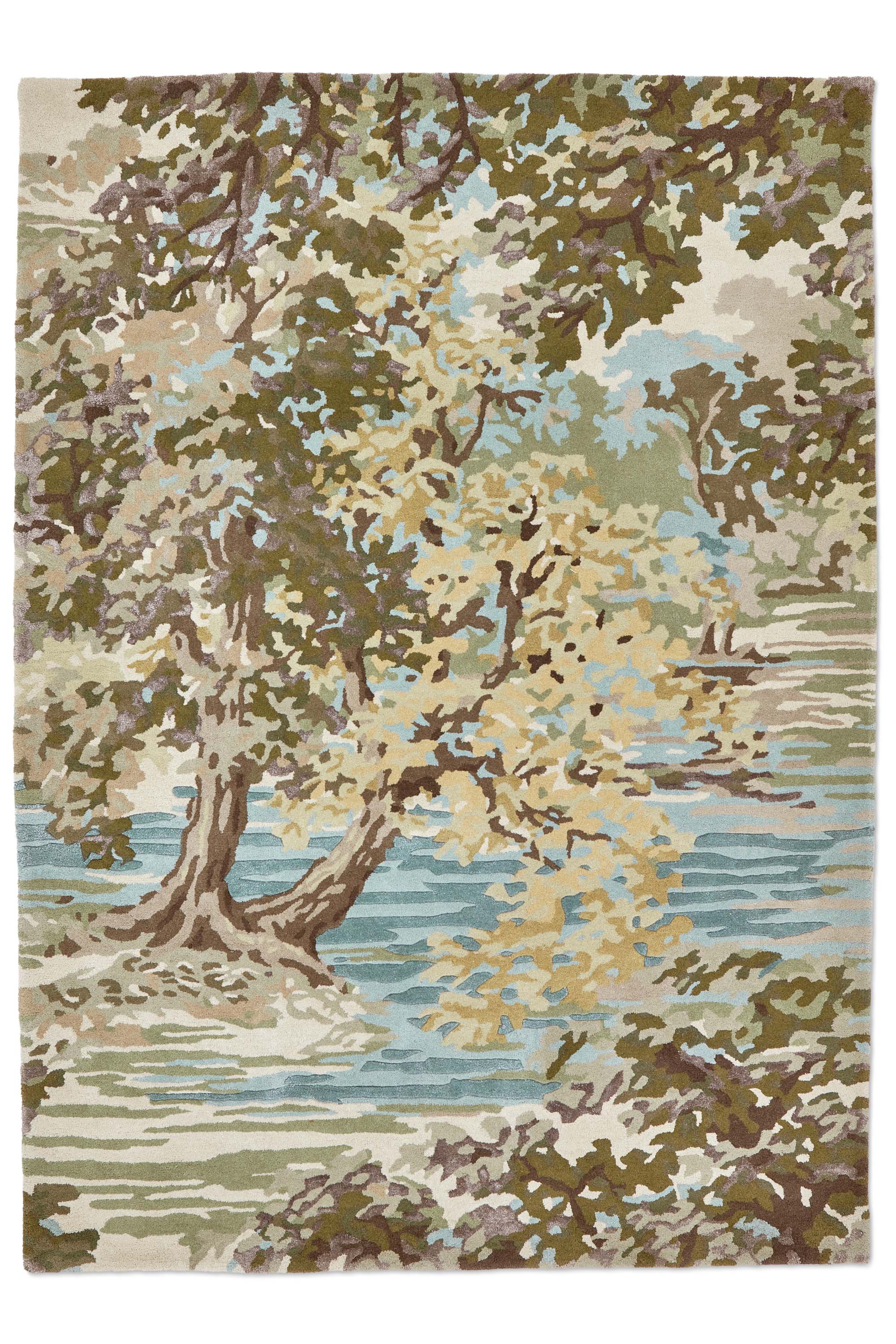 Green, blue and brown floral rug with waterside pattern