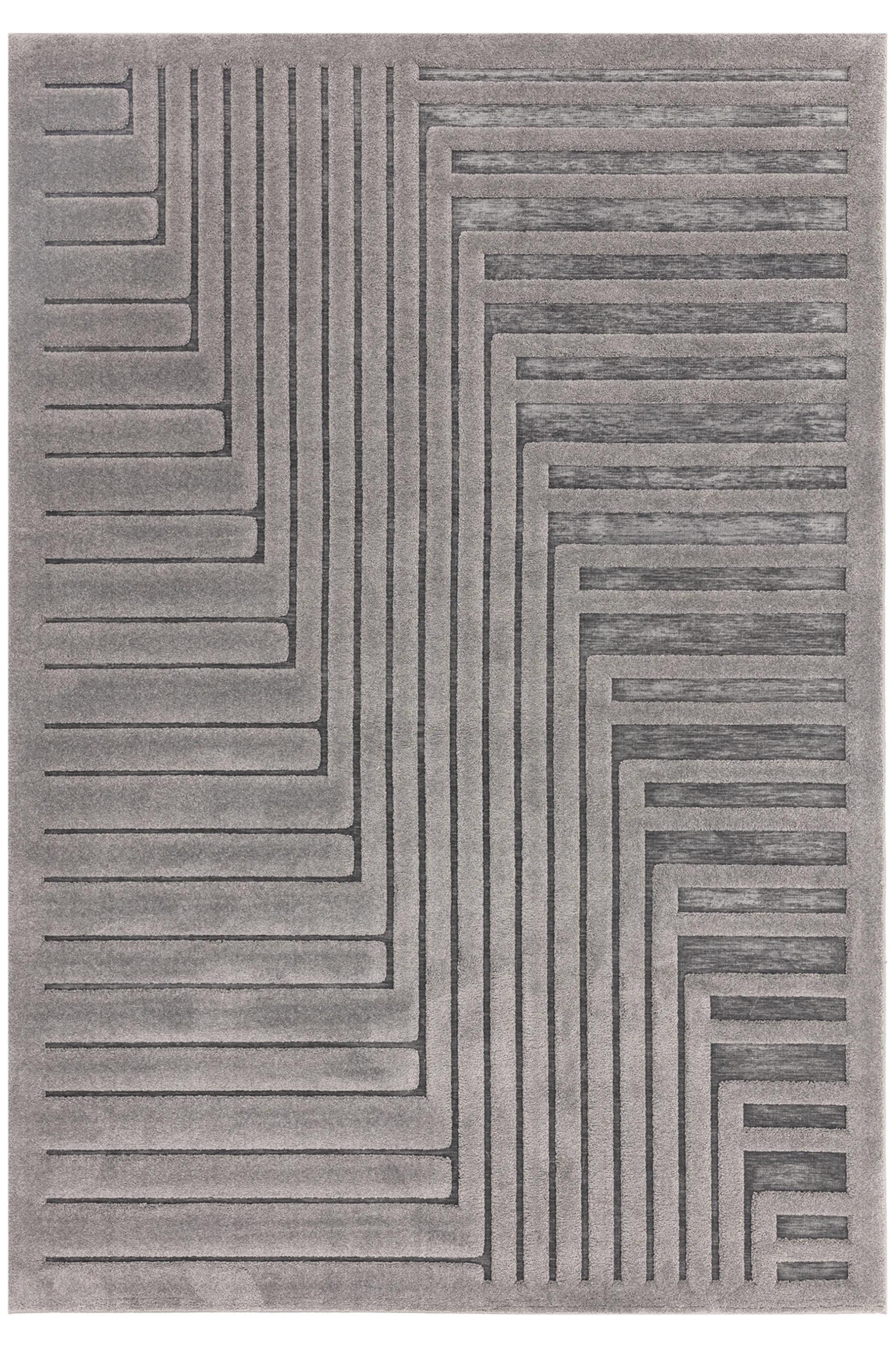 Grey rug with high-low pile and minimal geometric pattern 