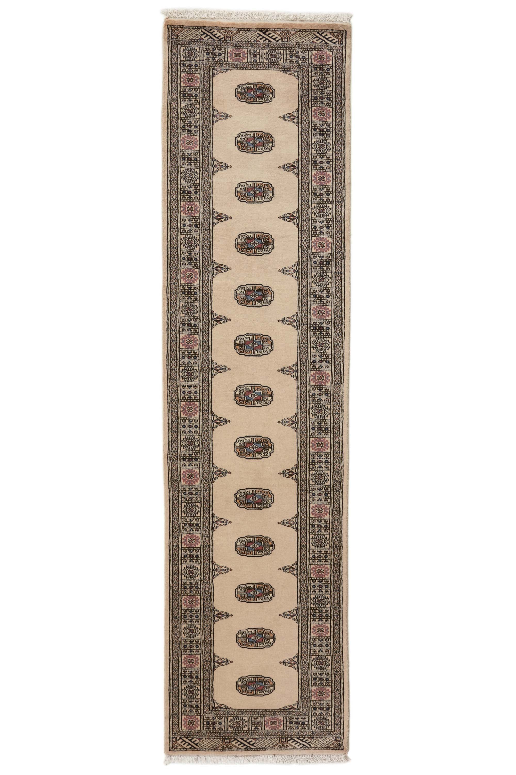 Beige Oriental Bokhara 2 ply runner rug with bordered pattern