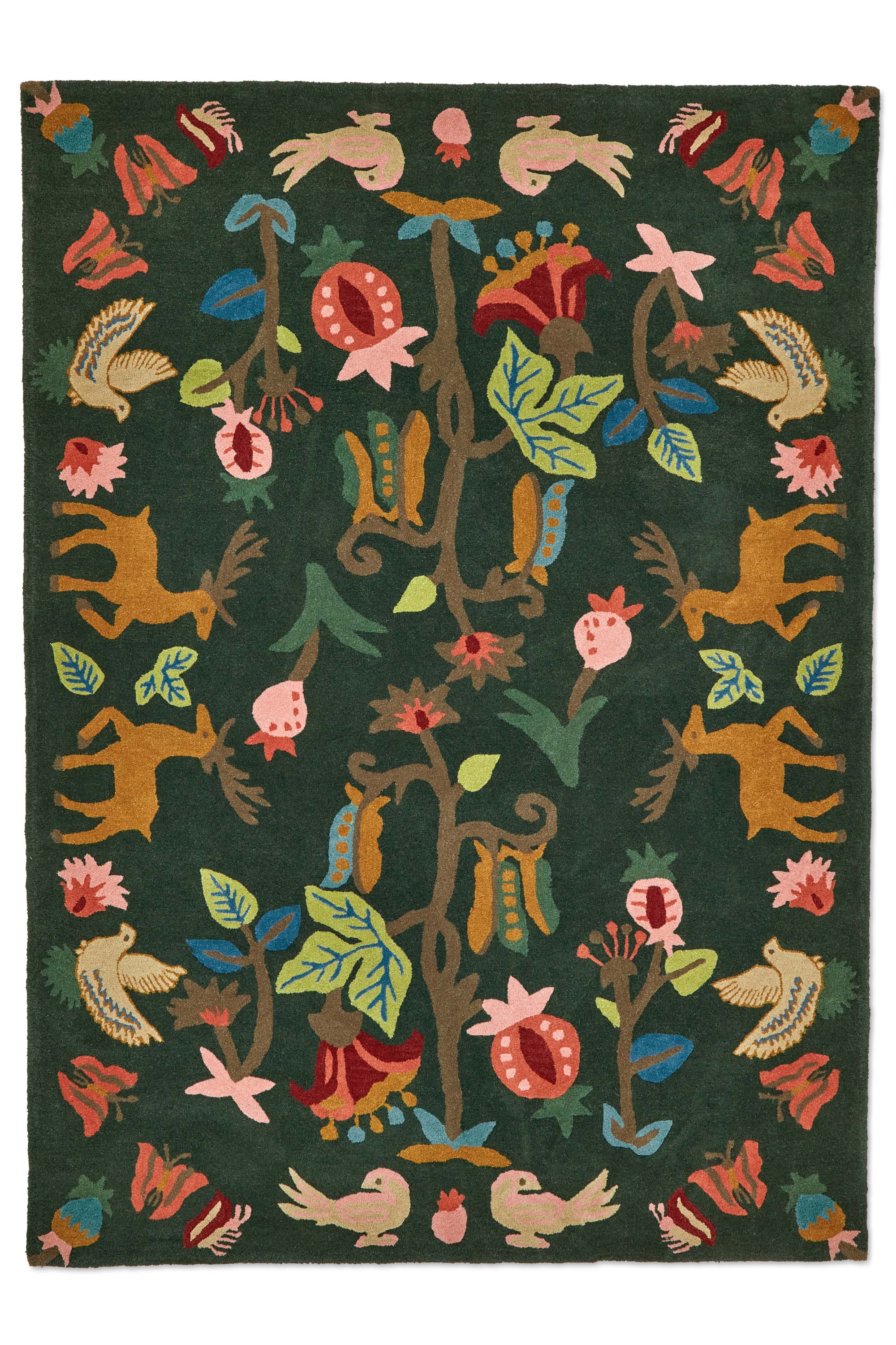 Green rug with woodland motif