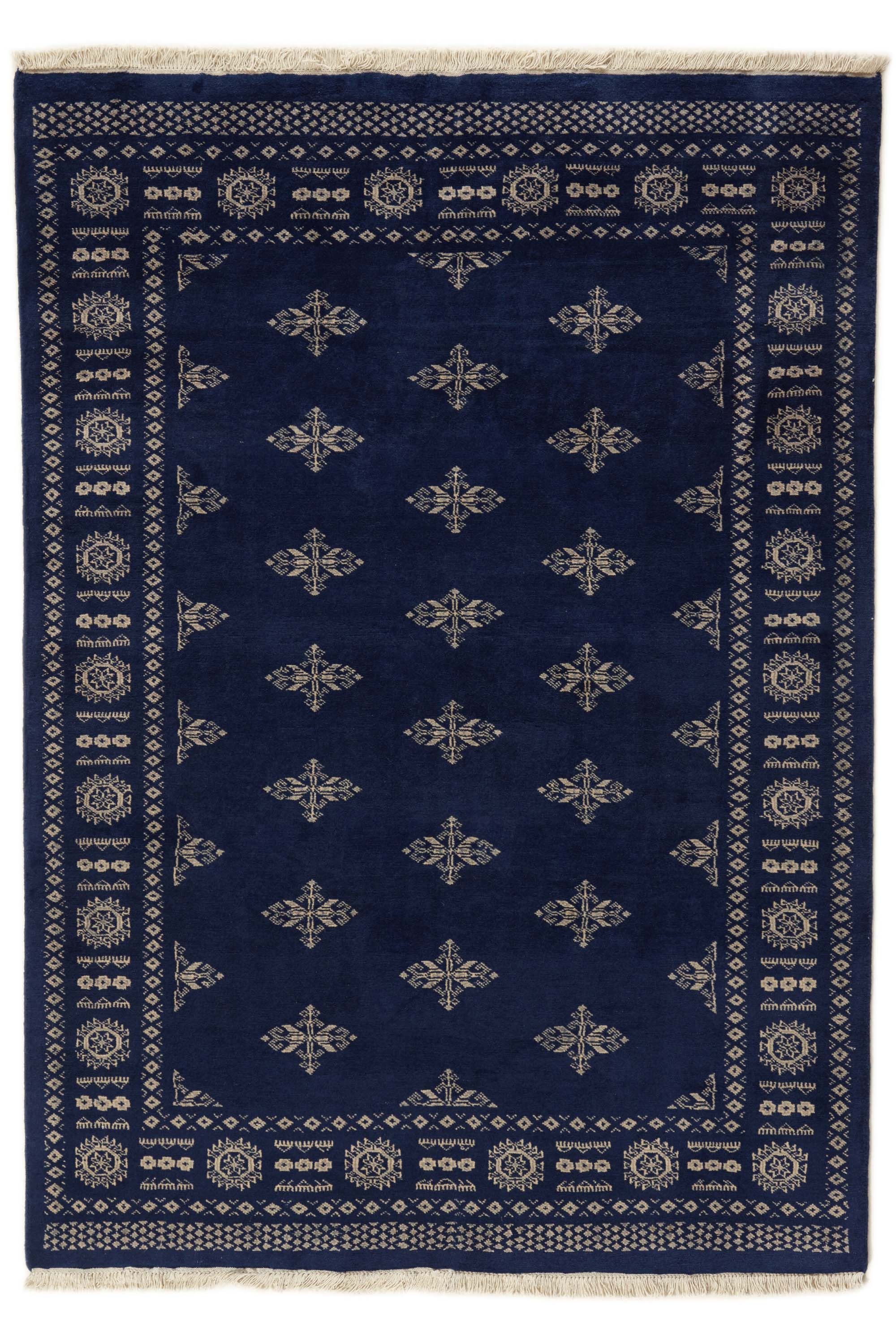 Blue Oriental Bokhara 2 ply rug with bordered pattern