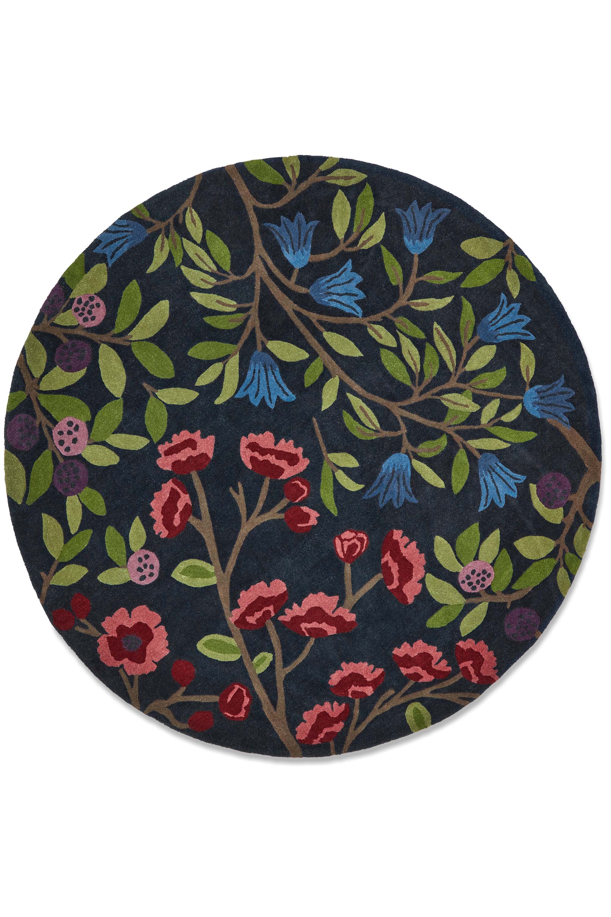 Modern circle rug with floral pattern in blue and natural tones