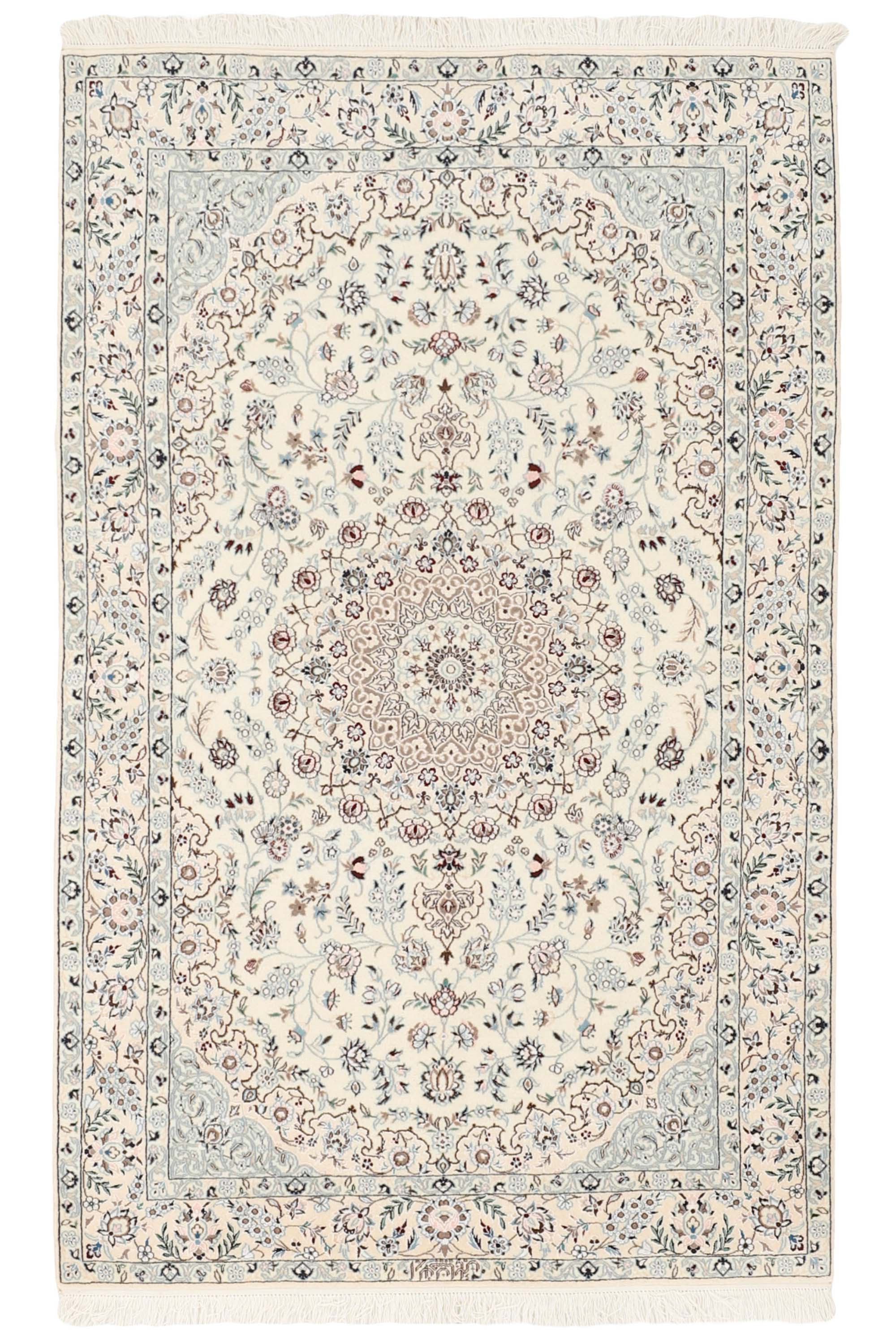 Cream Nain Persian rug with blue and red floral pattern