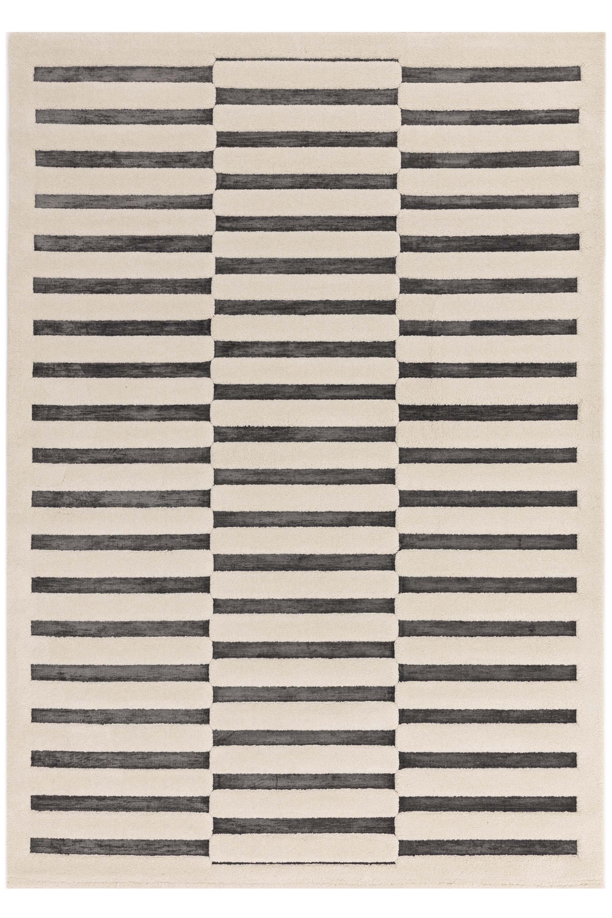 Grey and cream rug with high-low pile and minimal geometric pattern 