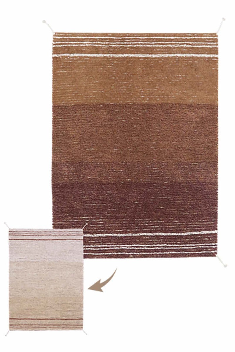 reversible textured rug in beige and brown with soft gradient design
