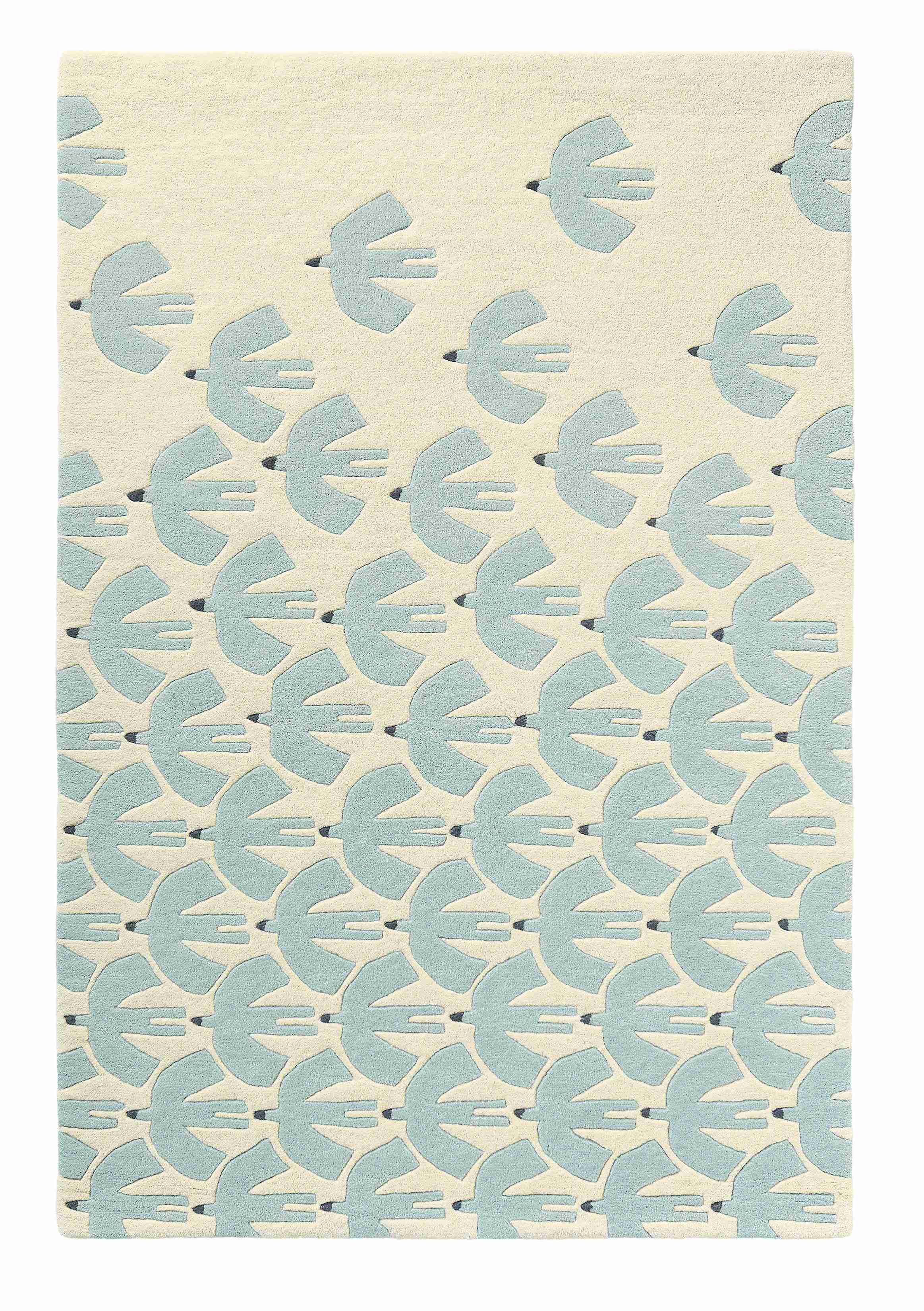 Ivory white rectangular rug decorated with repeating aqua blue flying bird silhouette motif