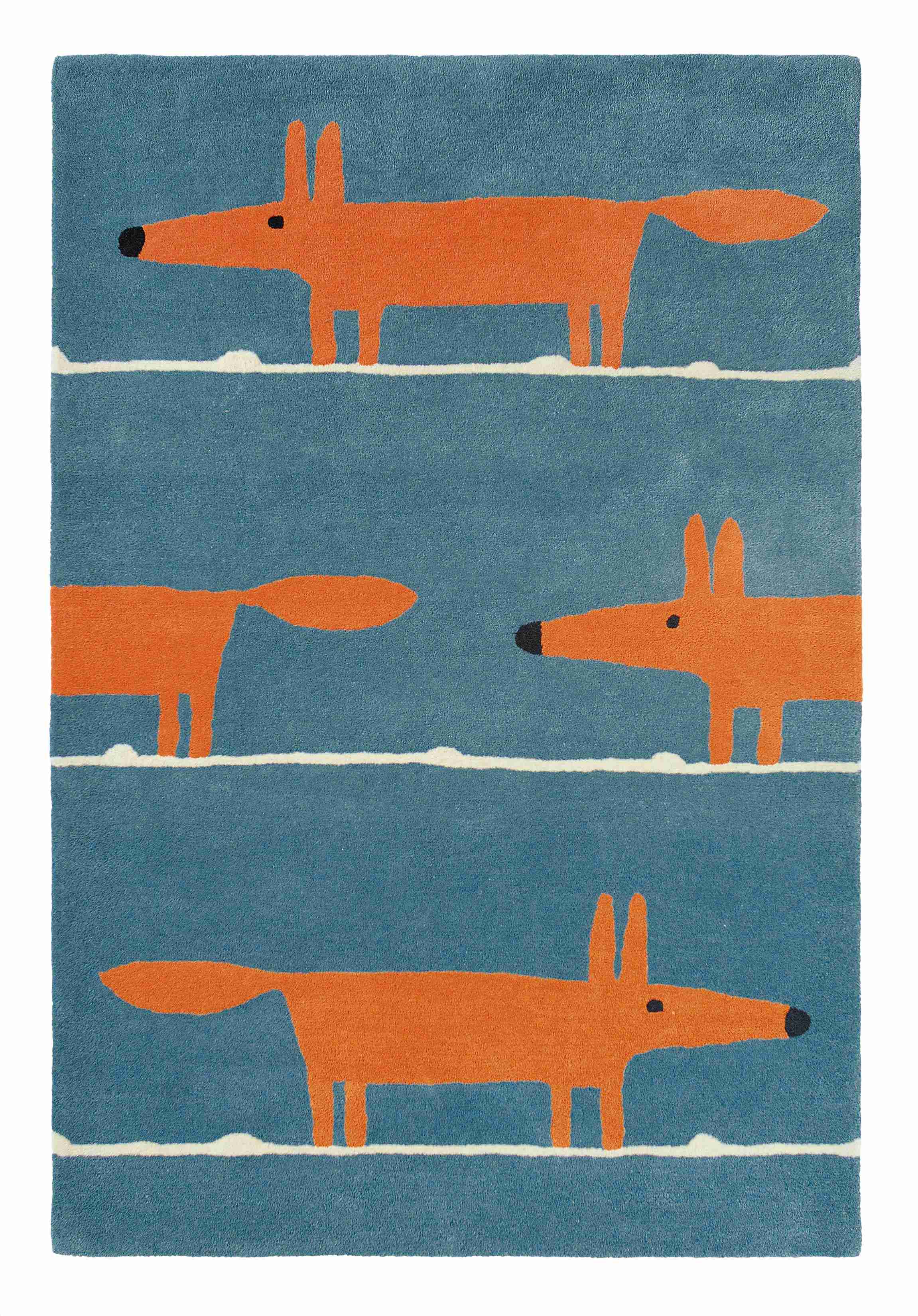 Blue wool rug with repeat orange fox pattern and white lines