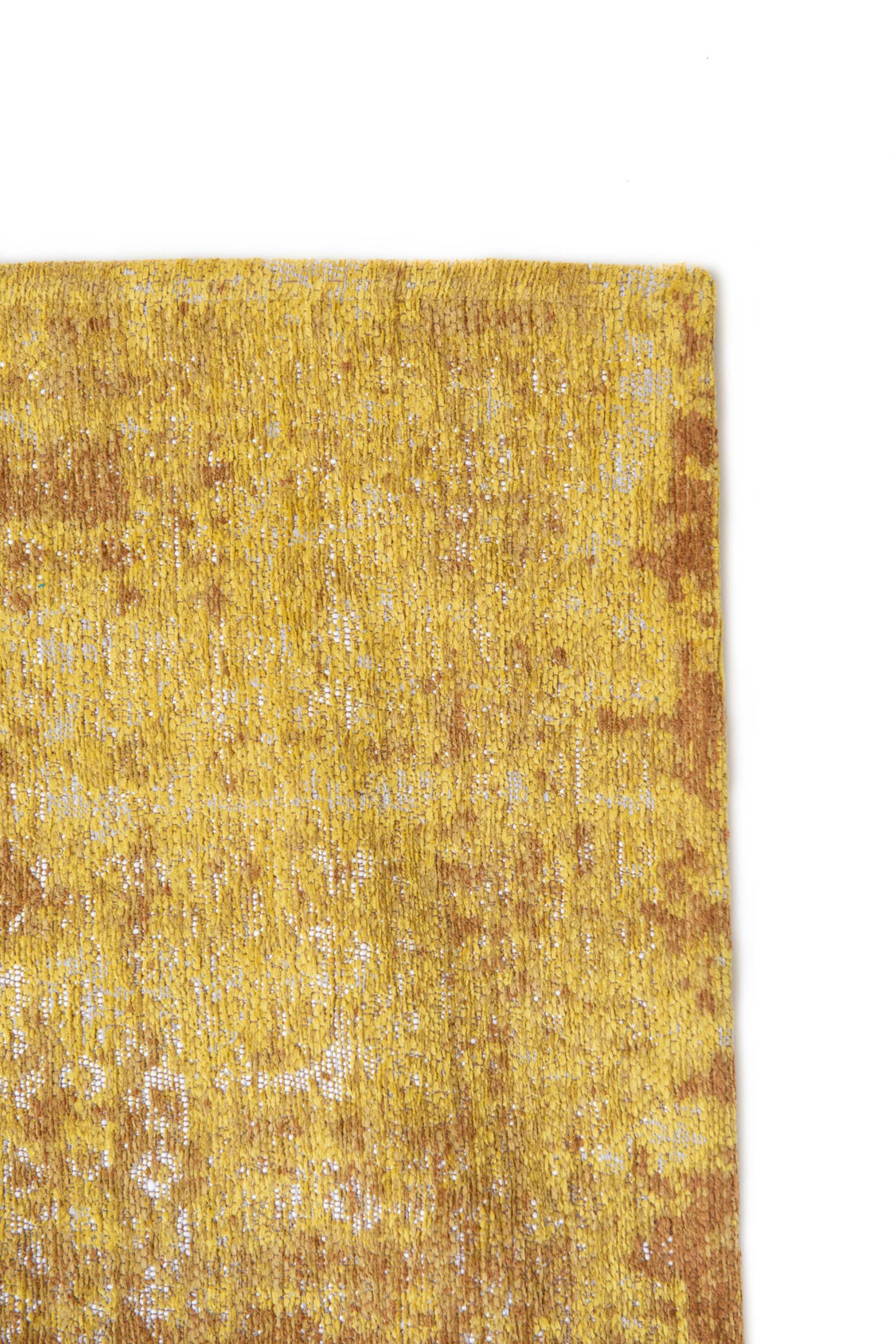 Yellow vintage Kirman-inspired rug with faded medallion pattern