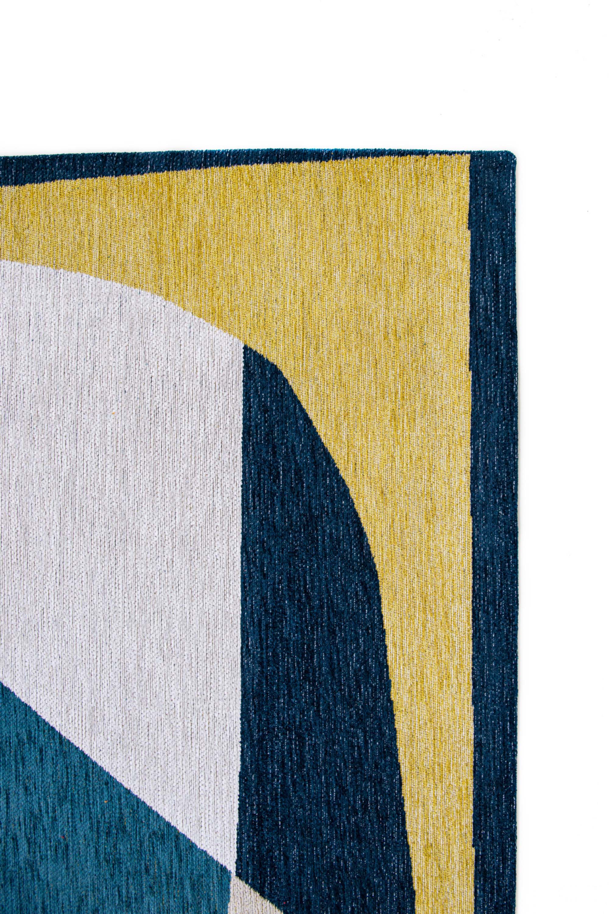 Modern rug with blue and yellow abstract pattern
