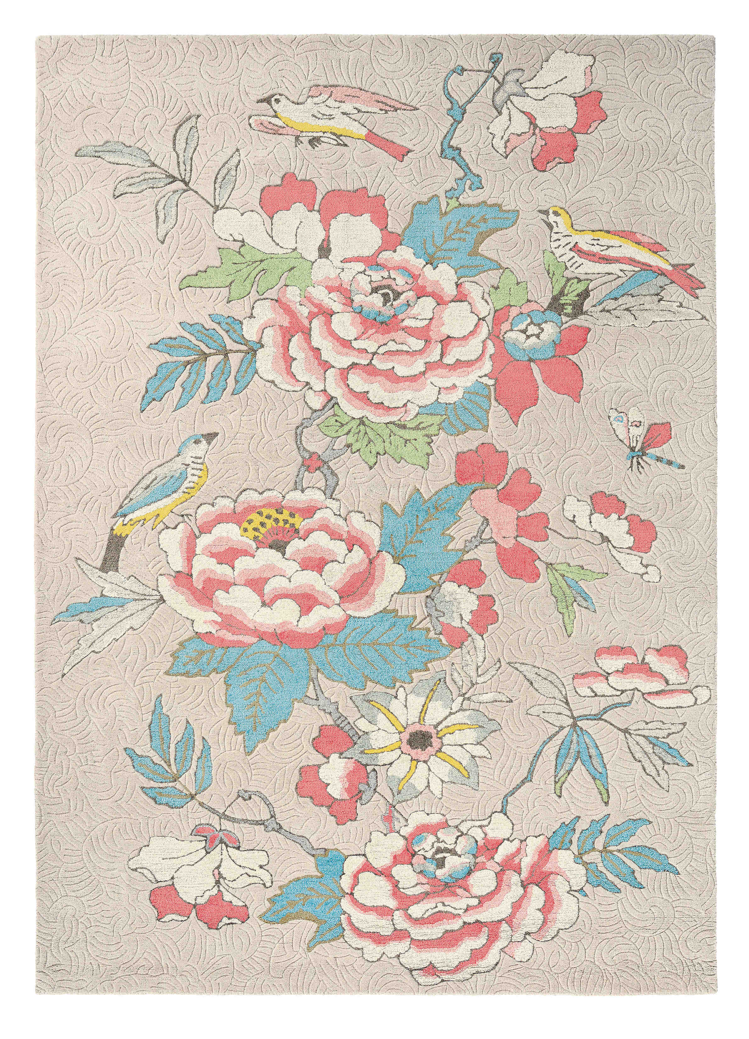 Rectangular pink rug decorated with coral and blue peonies, roses and birds