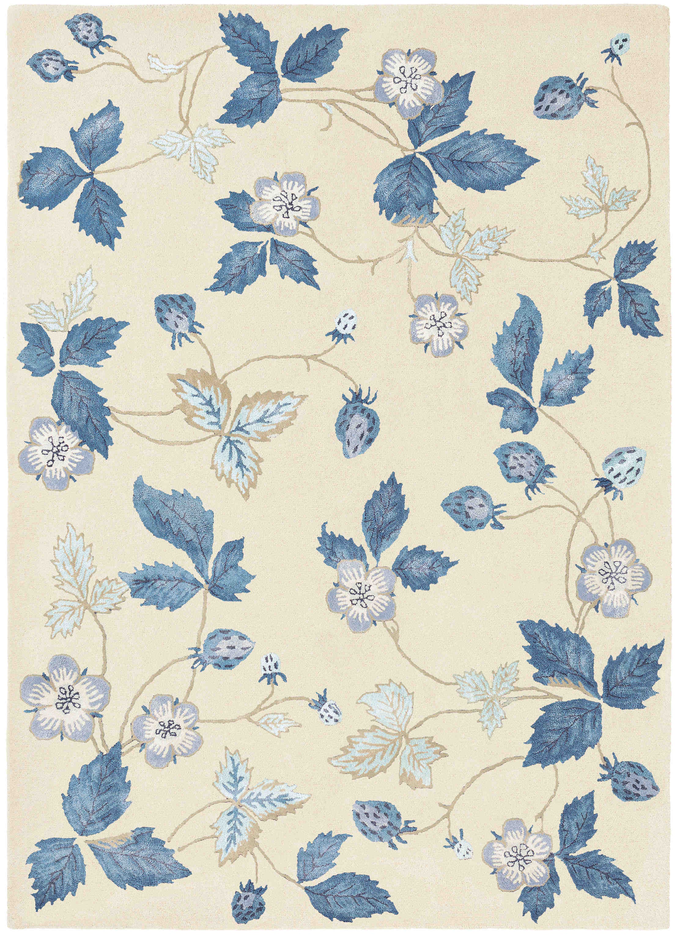 Rectangular cream rug decorated with blue flowers, strawberries, leaves and silver details