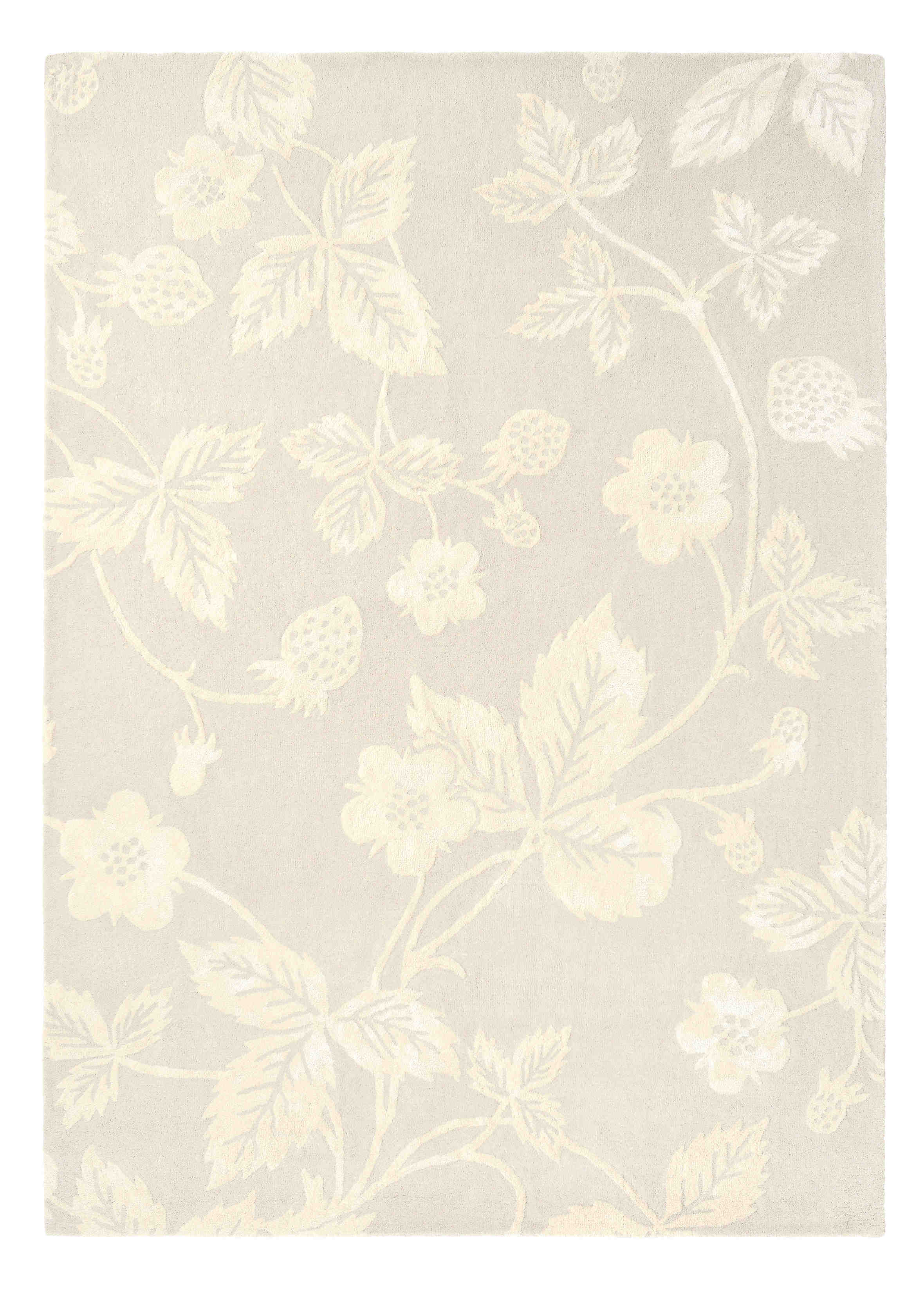 Rectangular taupe rug decorated with cream flowers, strawberries and leaves