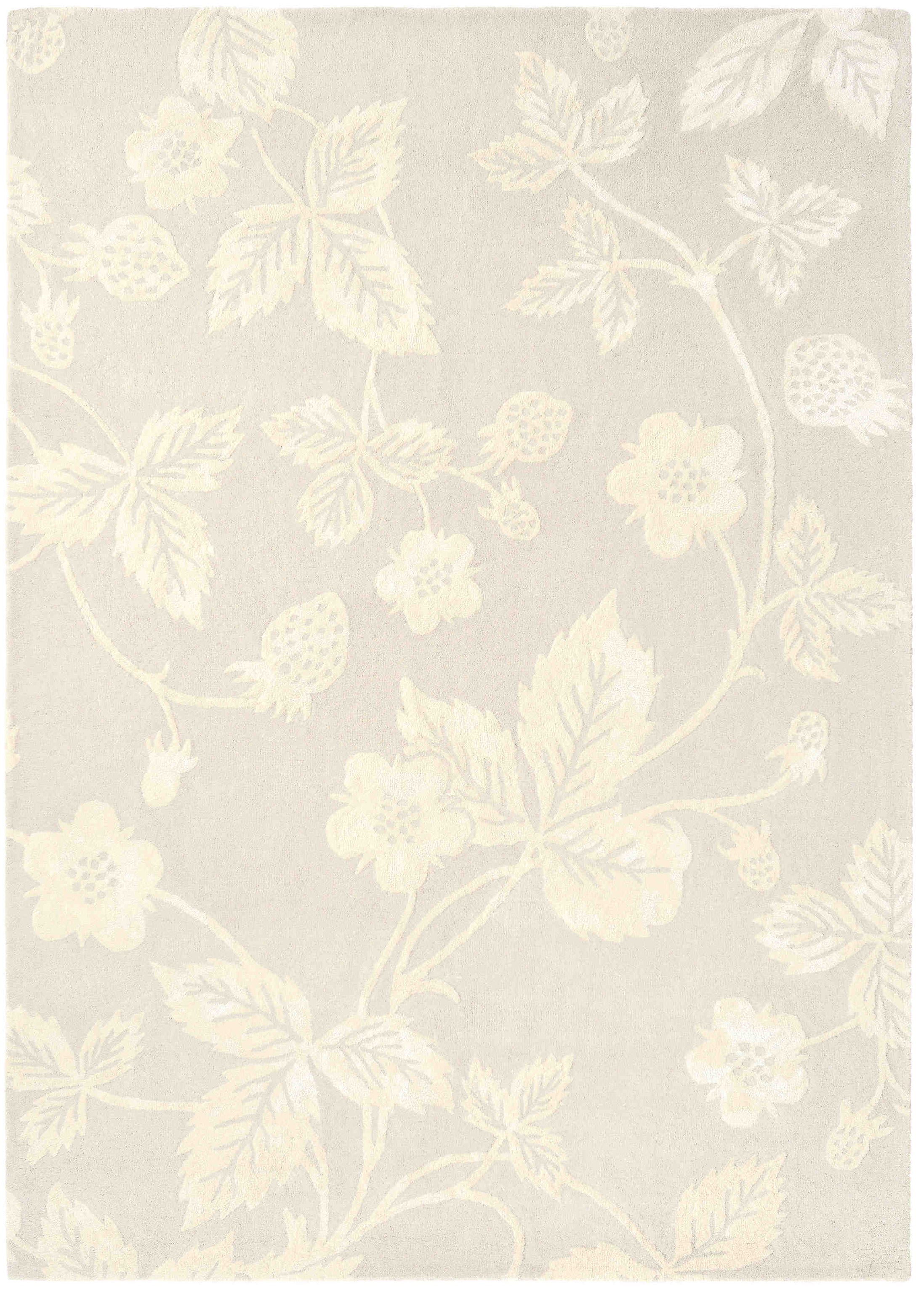 Rectangular taupe rug decorated with cream flowers, strawberries and leaves