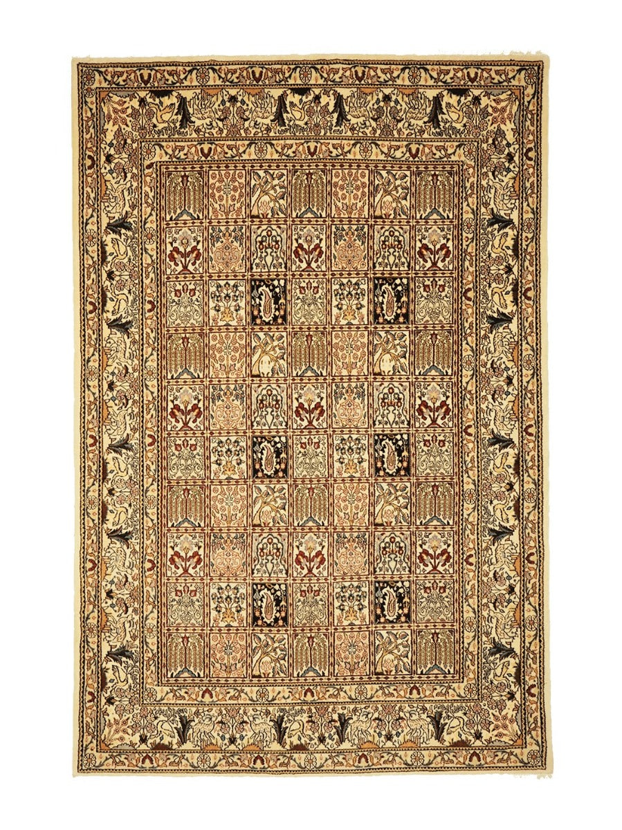 authentic persian rug with floral pattern in beige, blue and red