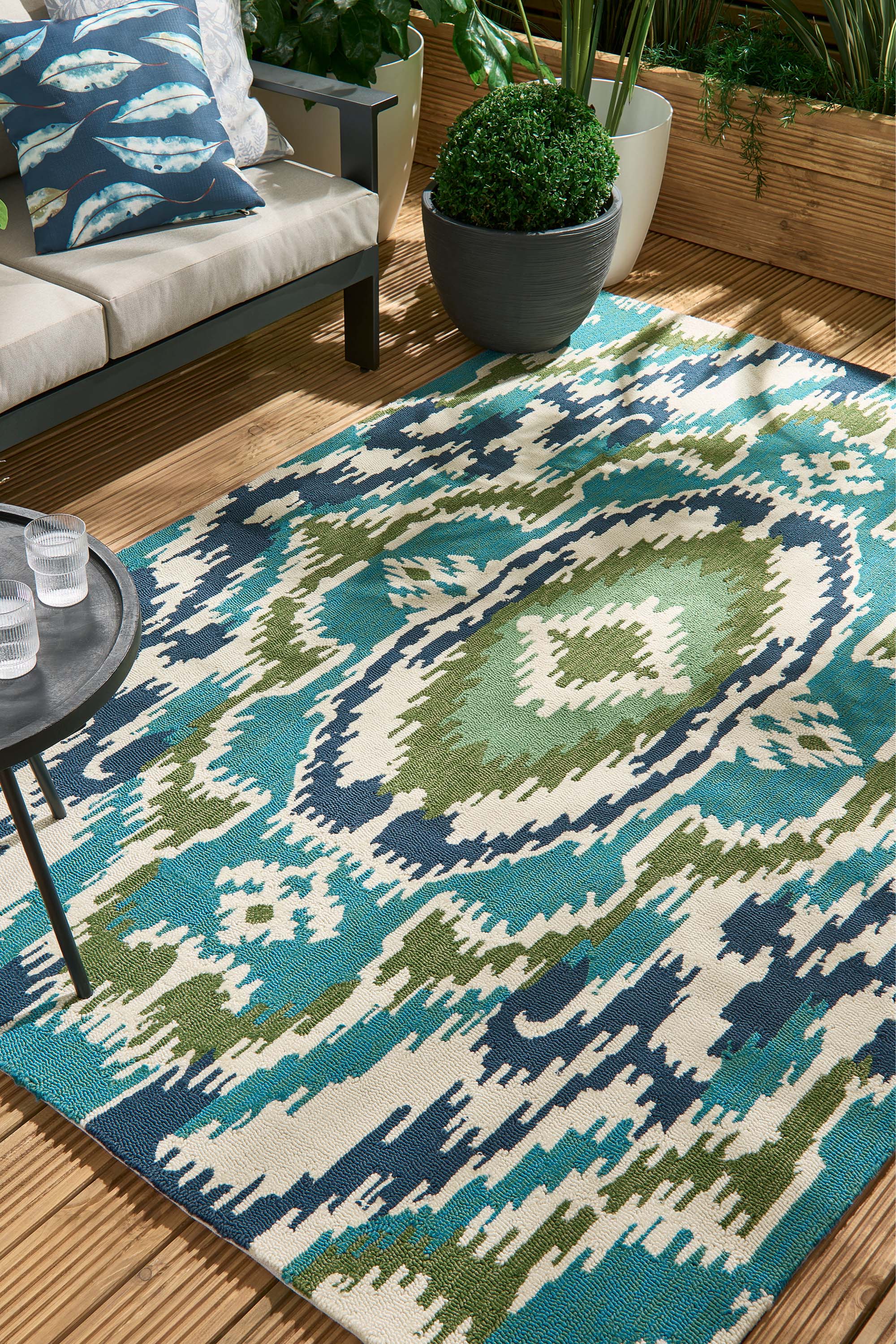 green, blue and navy abstract indoor/outdoor rug