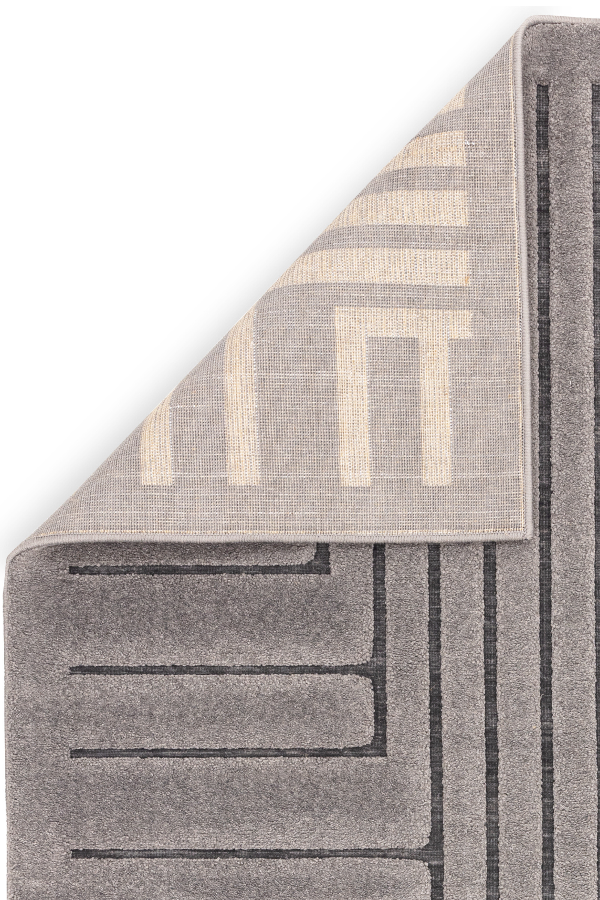 Grey rug with high-low pile and minimal geometric pattern 