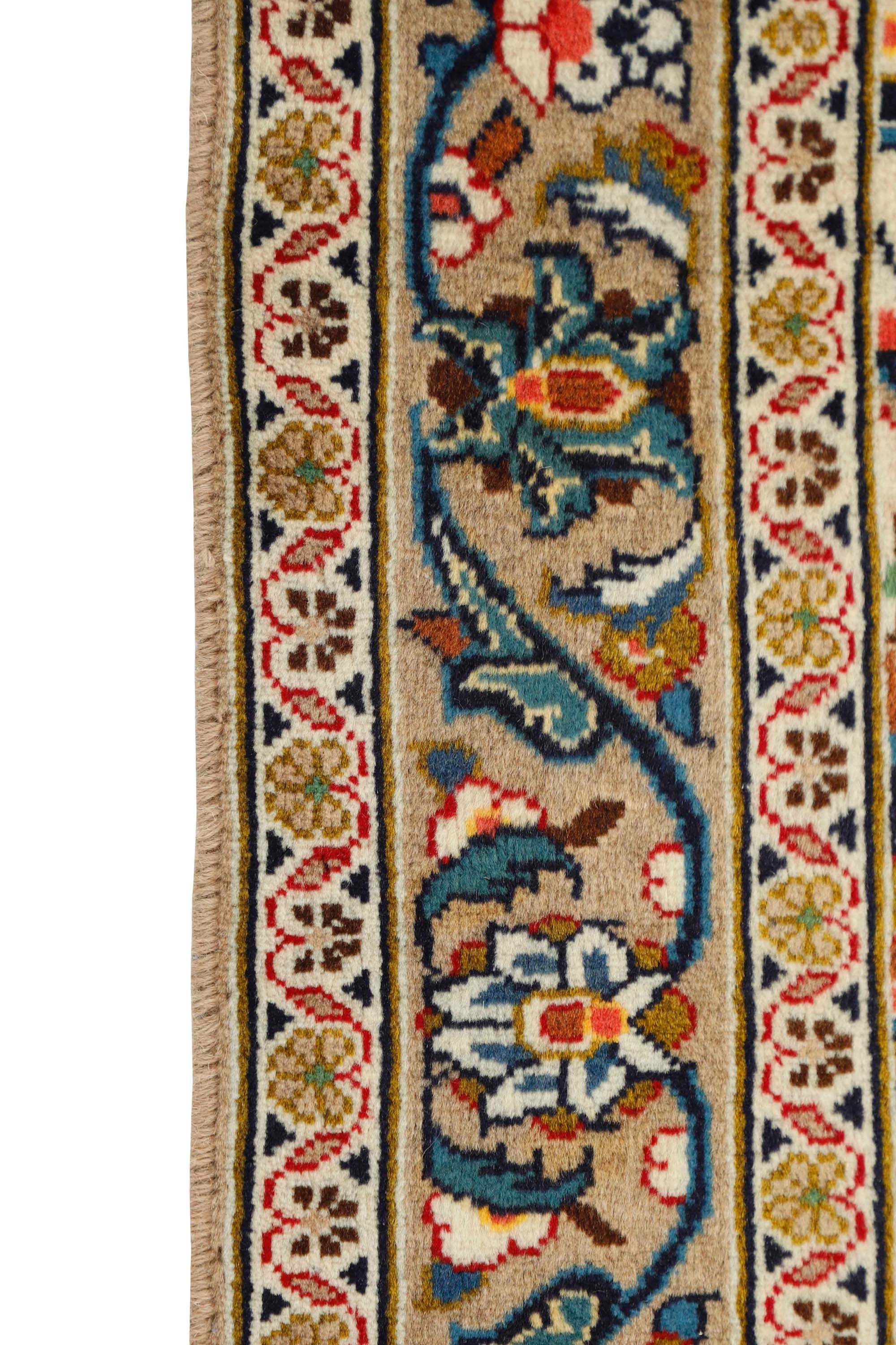 Bordered brown, cream, blue and red Keshan Persian Rug
