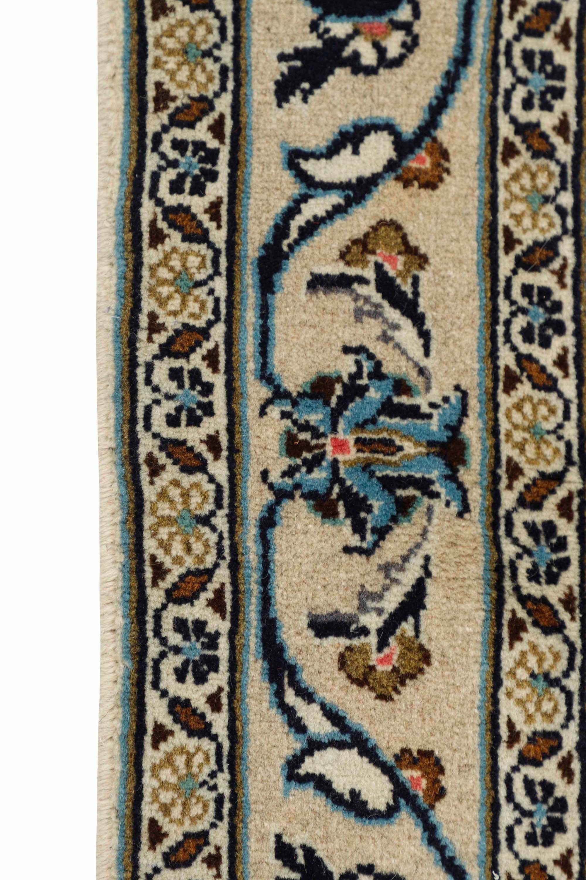 Cream and blue bordered Persian Keshan Fine rugCream and blue bordered Persian Keshan Fine rug