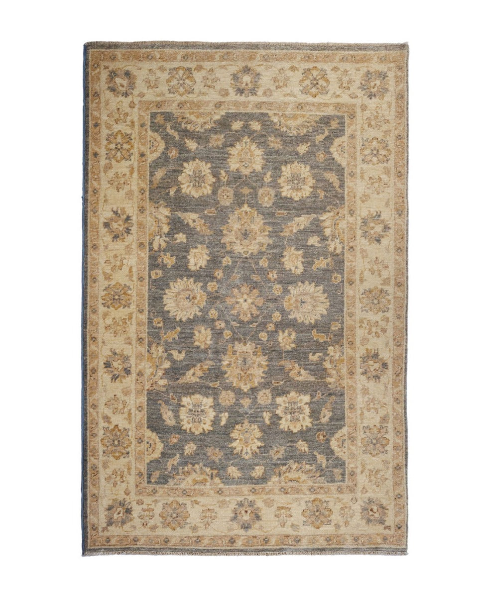 authentic oriental rug with delicate floral pattern in charcoal and beige