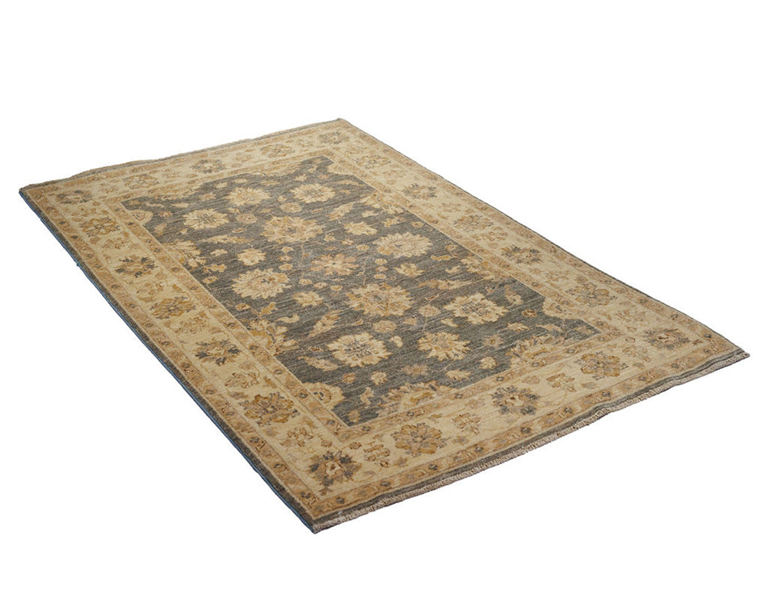 authentic oriental rug with delicate floral pattern in charcoal and beige