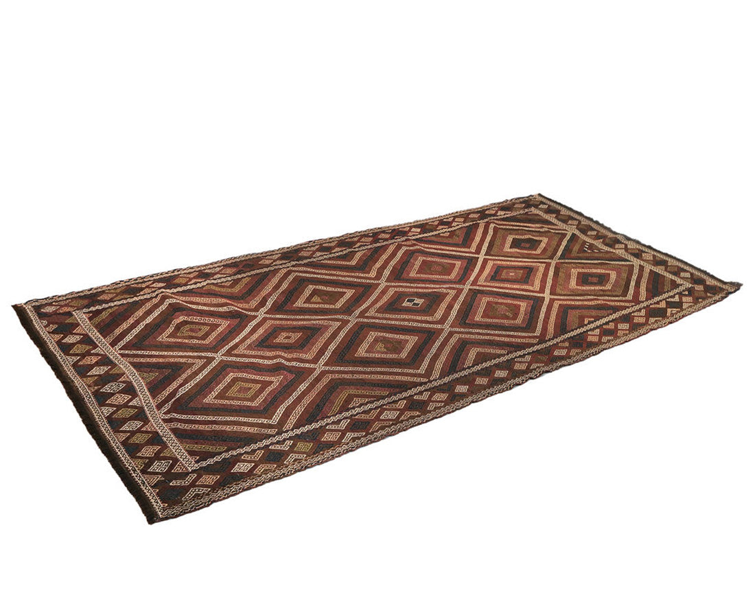 Brown, black, and red traditional Afghan rug