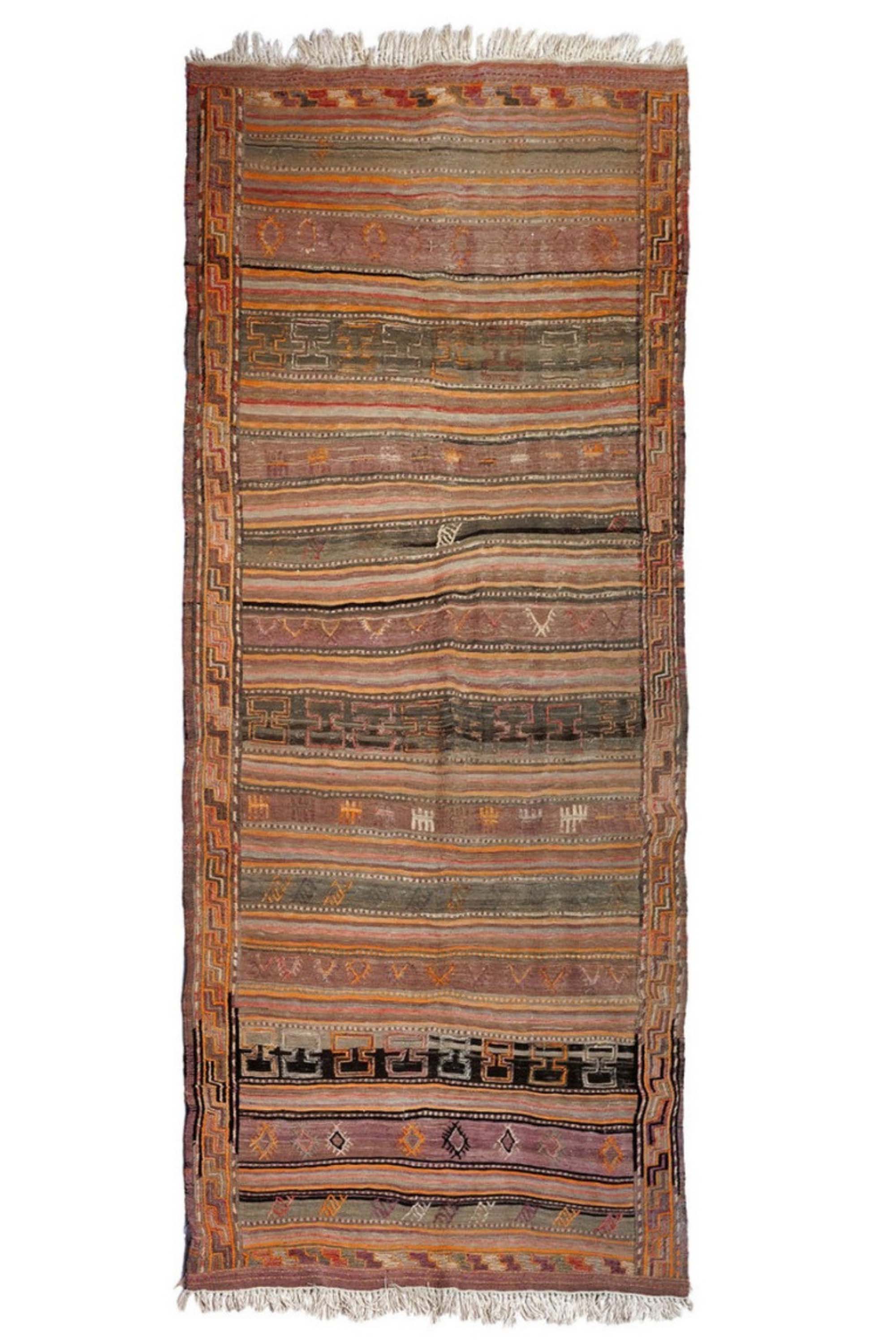 authentic persian runner with tribal geometric design in orange, purple, black, and green